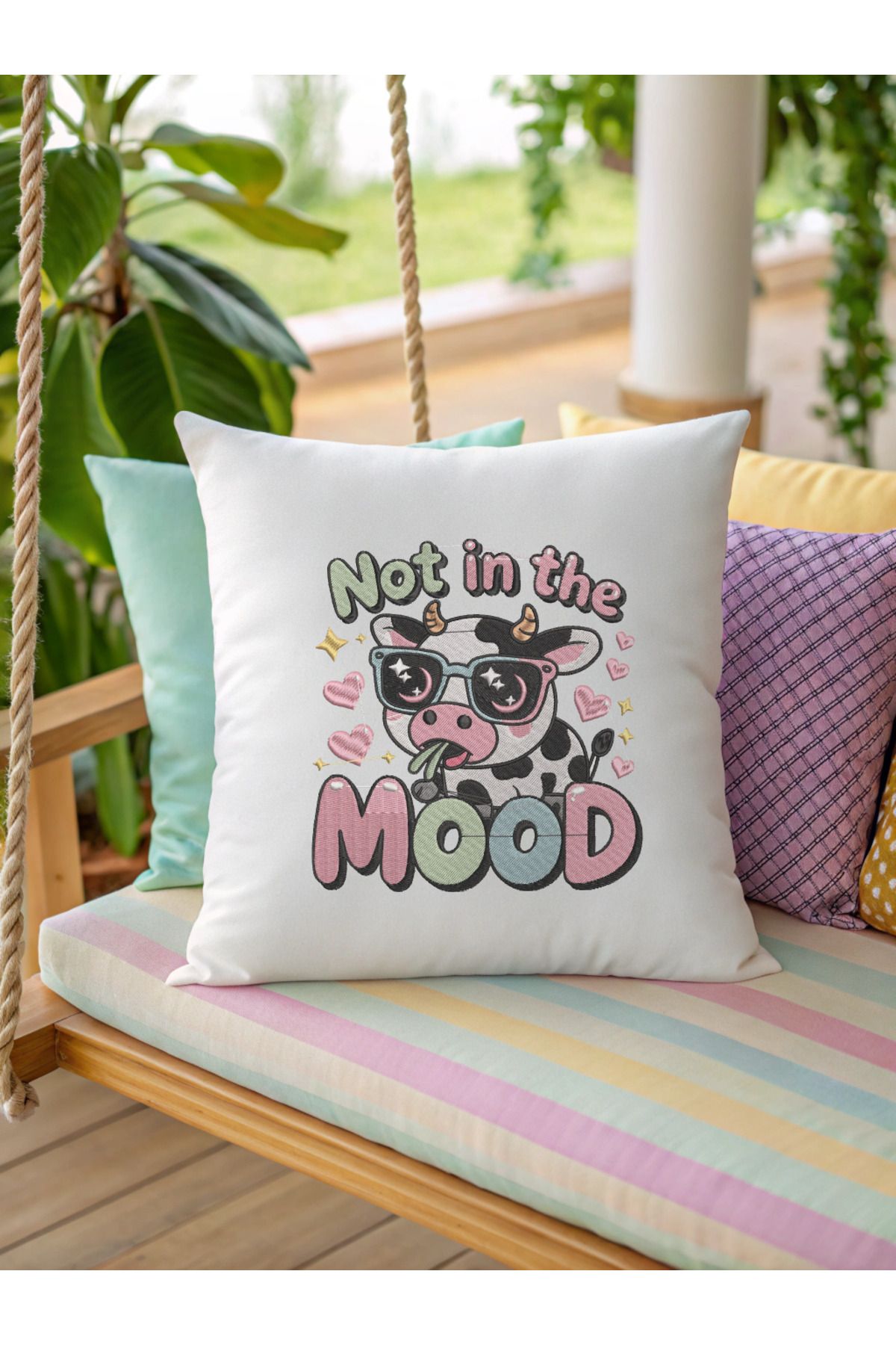 Misue Handmade Nakışlı Kırlent Kılıfı, Eğlenceli Ev Dekoru %100 Pamuk, 43x43cm Kırlent, Dekoratif Nakışlı Kırlent