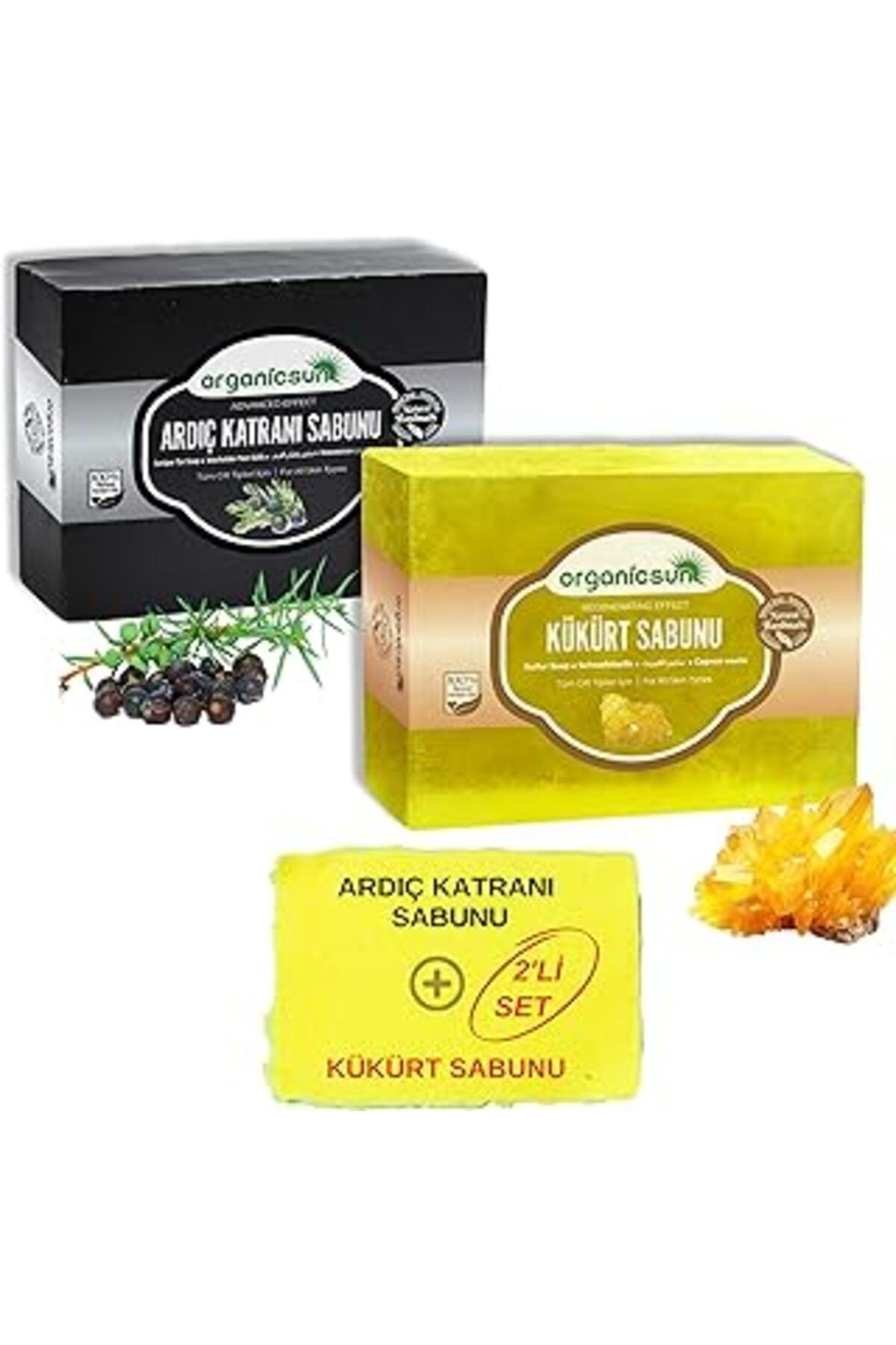 Mu Art Ahşap Organicsun 2'li Set Doğal Ardıç Katranı Sabunu Ve Kükürt Sabunu Karşıtı Sabun Seti