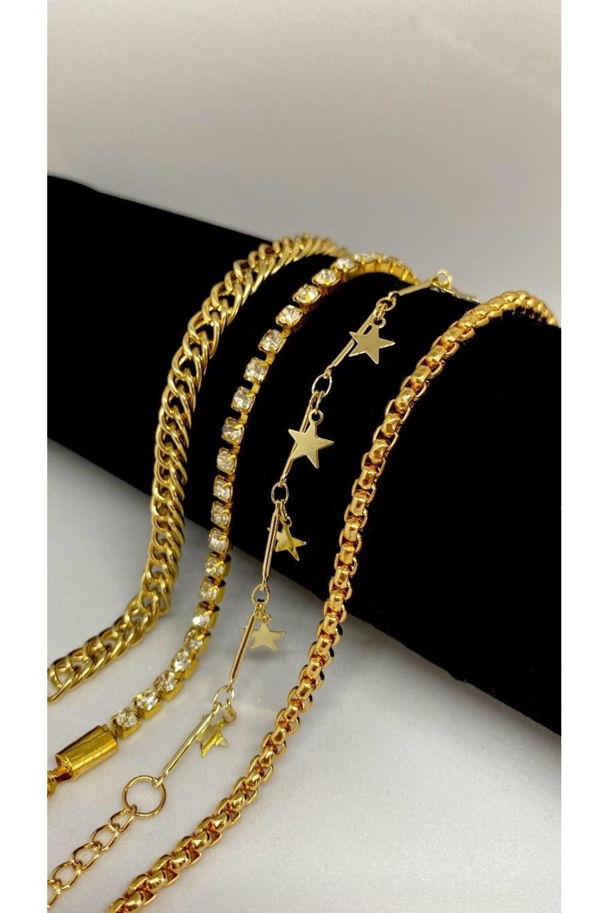 Axuu Collection 4 Parçalı Gold Renk Kadın Bileklik Seti Kadın Bileklik Kombini Altın Rengi Bileklik