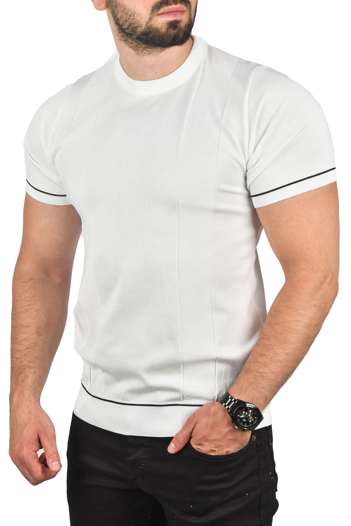 Rizz up Erkek Beyaz Dar Kesim Pamuklu Tişört Slim Fit Nefes Alan Bisiklet Yaka Triko Tişört 2504347