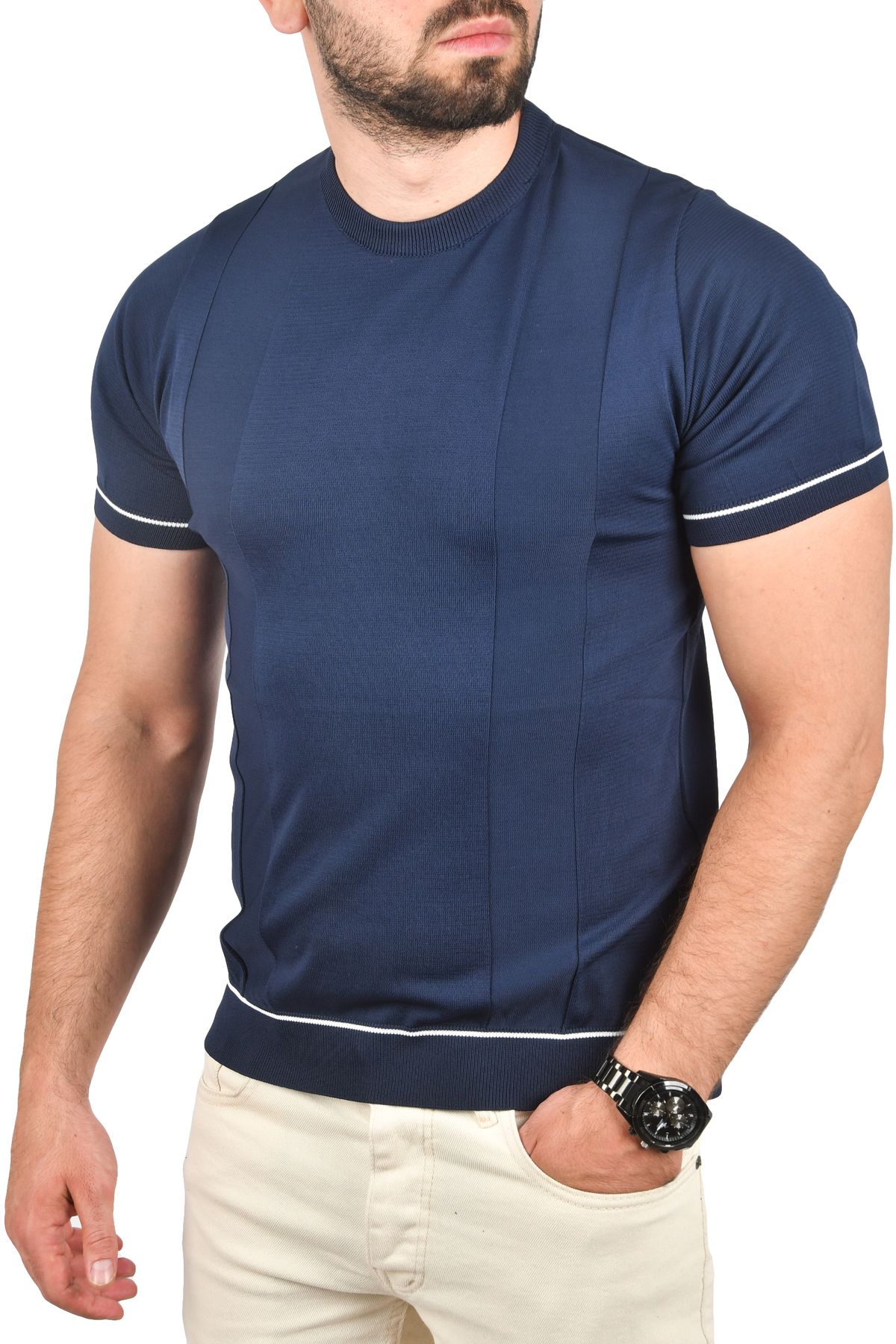 Rizz up Erkek Lacivert Dar Kesim Pamuklu Tişört Slim Fit Nefes Alan Bisiklet Yaka Triko Tişört 2504347