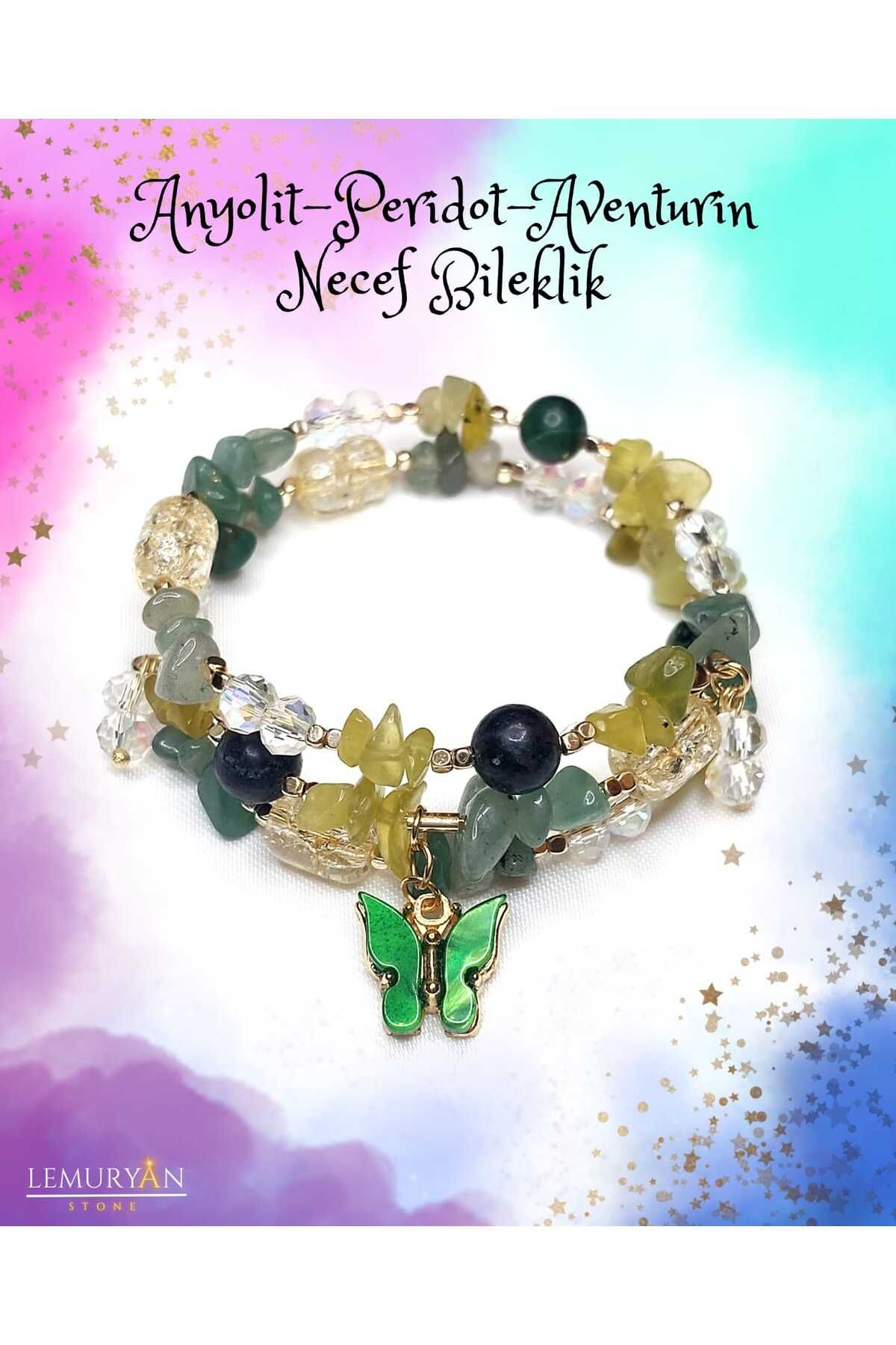 Herkimer Doğal Taş Anyolit - Peridot - Aventurin - Necef Taşı Helozon Doğaltaş Tasarım Bileklik