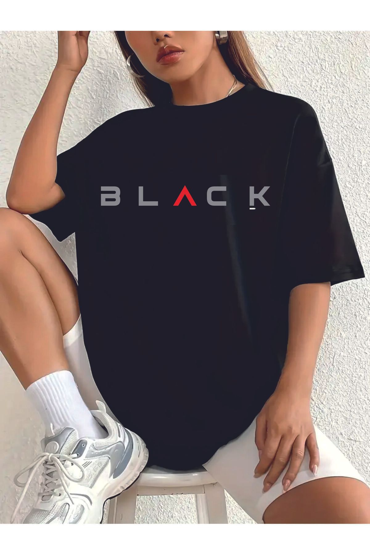 HOFFNUNG T SHIRT Kadınlar İçin BLACK DESIGN oversize Boy Nefes Alabilen Düşük Omuzlu Tişört
