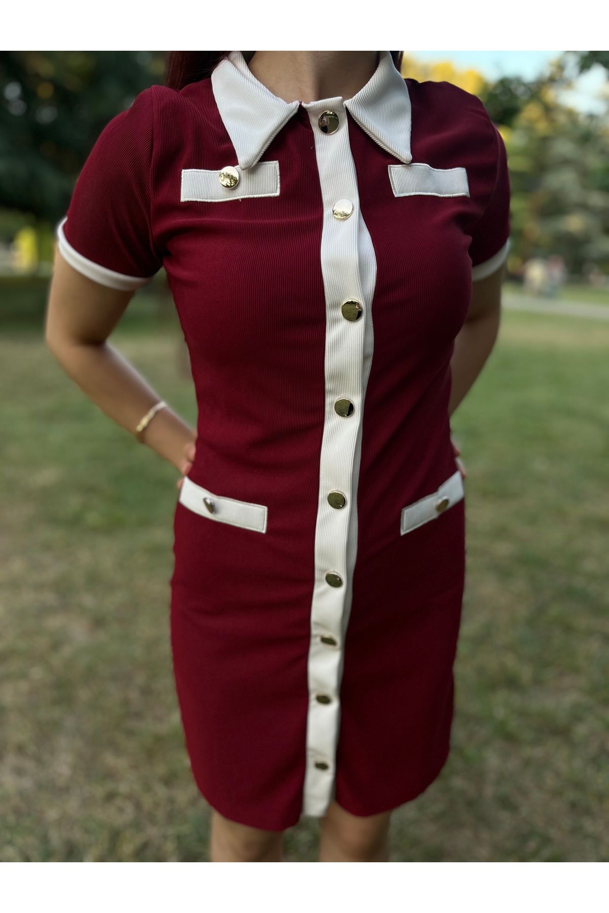 Butik DÜĞMELİ BORDO ELBİSE