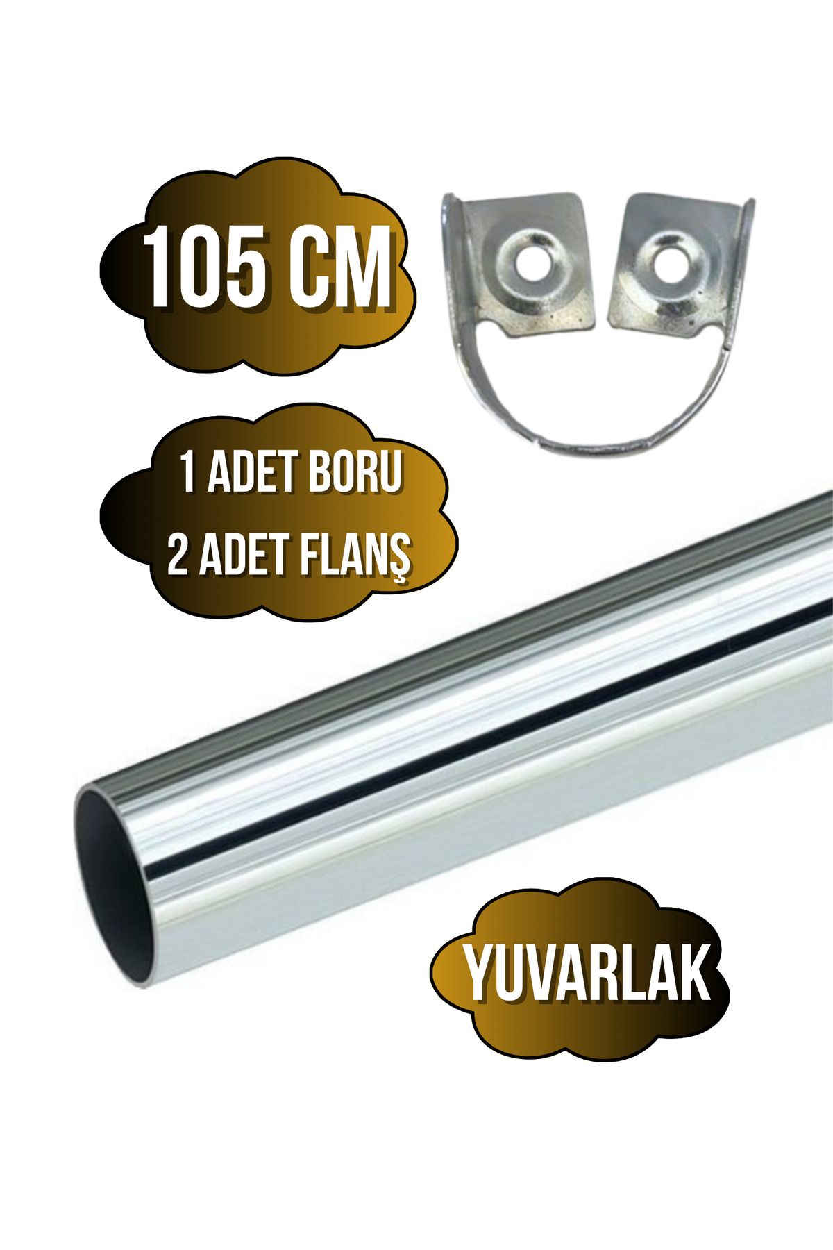 DSYapıAksesuar Metal Yuvarlak Krom Mobilya Dolap Askı Borusu(105CM)(2 ADET FLANŞ-1 ADET BORU)(ÇAP:25MM)
