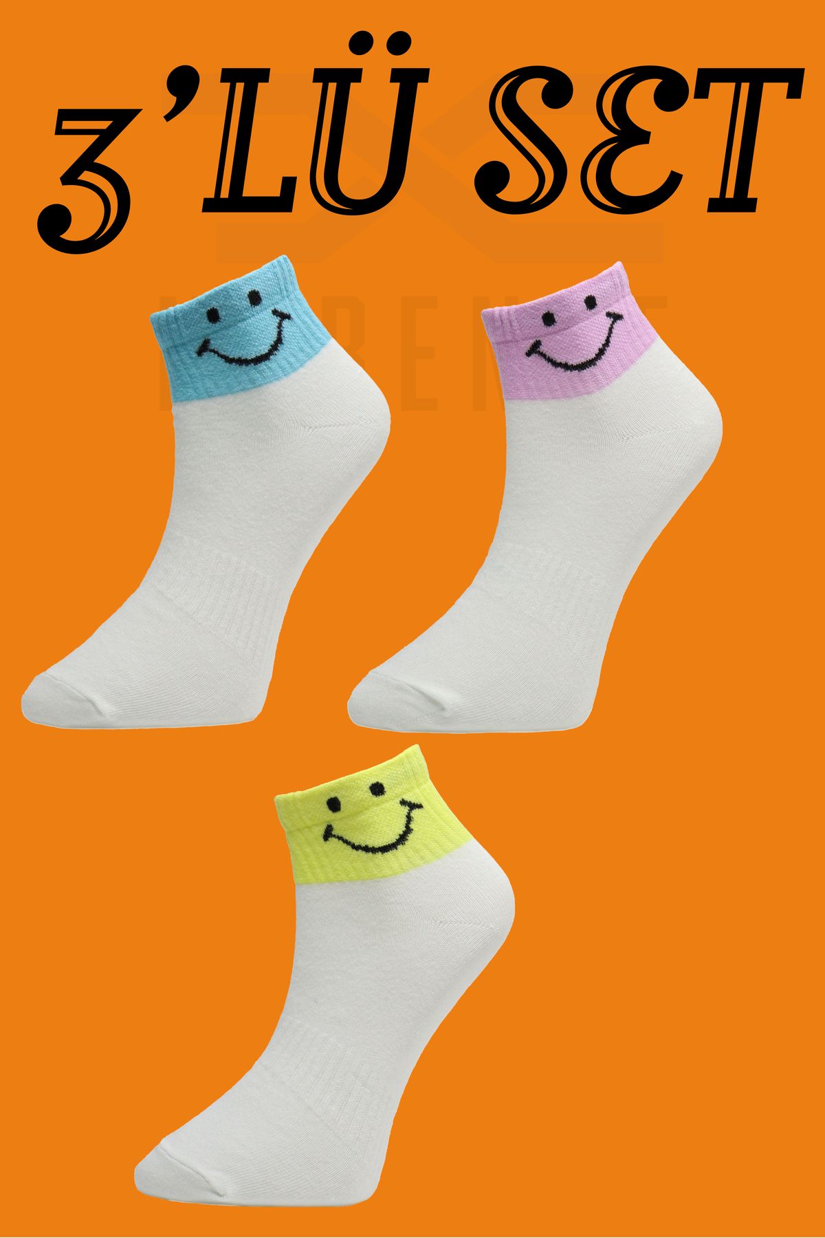 TUGSA DESING NUBENSE / Renkli Smile Tasarımlı Parfümlü Rahat Pamuk Beyaz Günlük Çorap (3'LÜ SET-2)