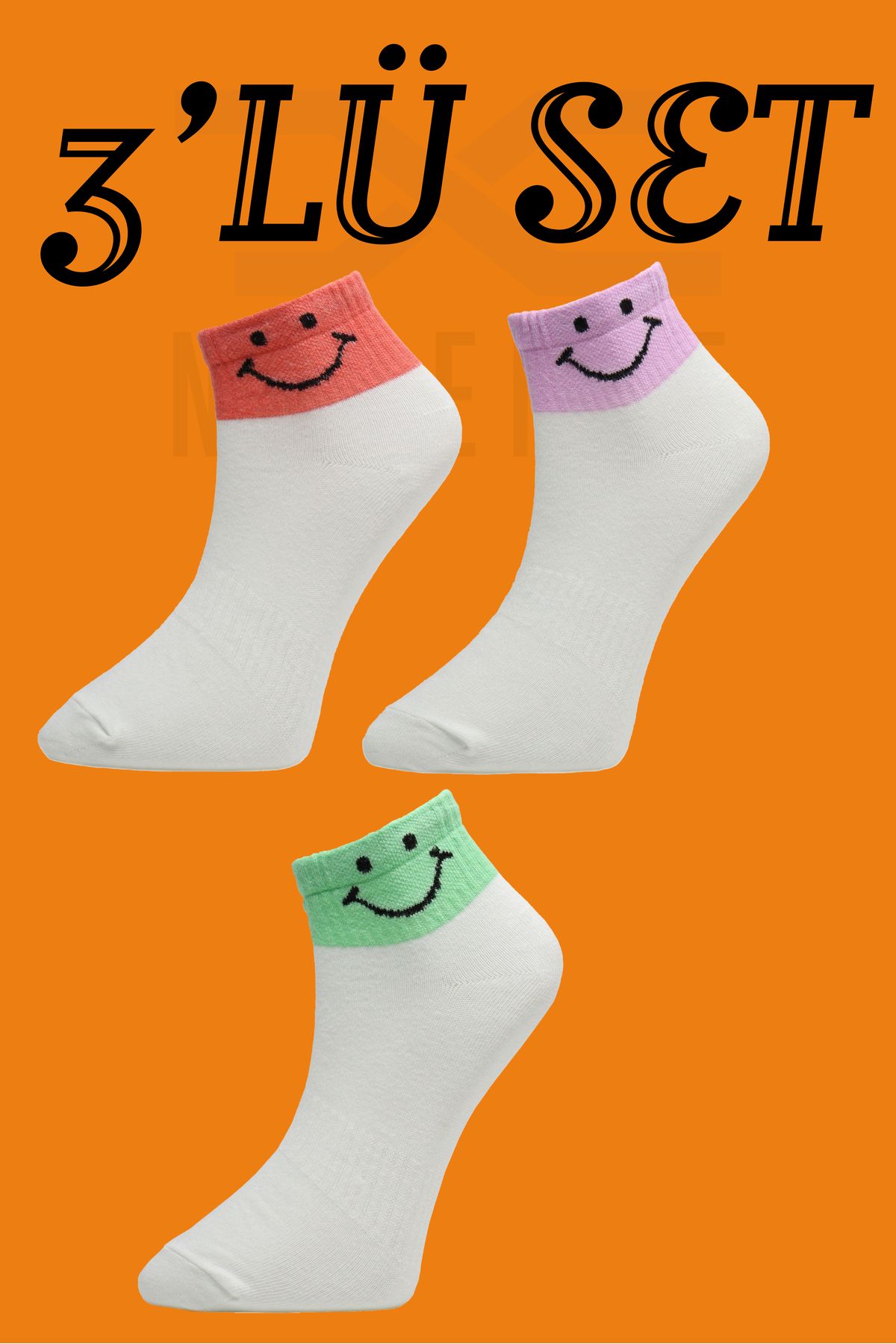 TUGSA DESING NUBENSE / Renkli Smile Tasarımlı Parfümlü Rahat Pamuk Beyaz Günlük Çorap (3'LÜ SET-6)