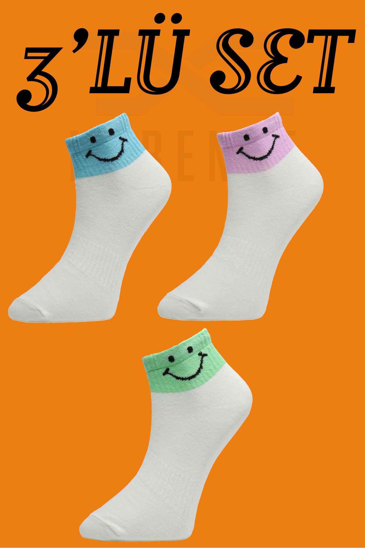 TUGSA DESING NUBENSE / Renkli Smile Tasarımlı Parfümlü Rahat Pamuk Beyaz Günlük Çorap (3'LÜ SET-3)