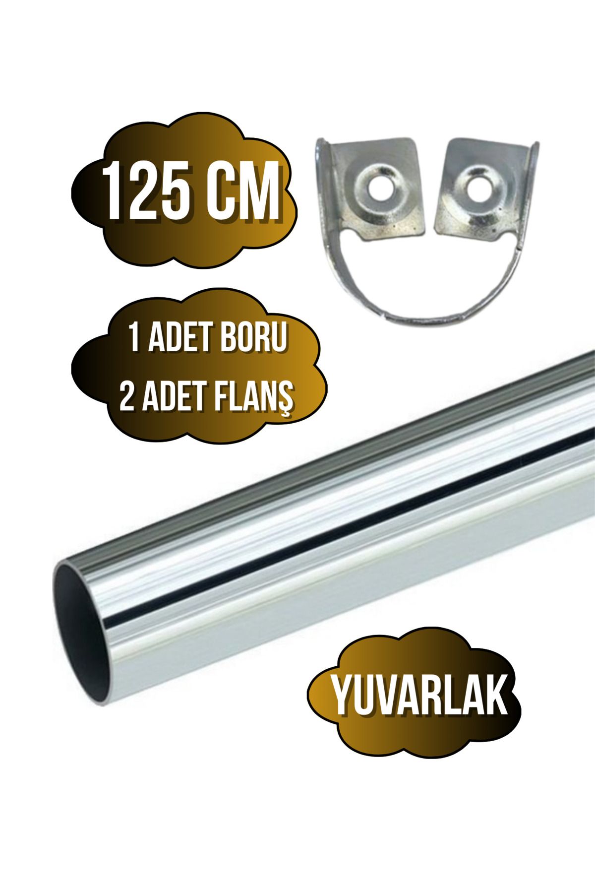DSYapıAksesuar Metal Yuvarlak Krom Mobilya Dolap Askı Borusu(125CM)(2 ADET FLANŞ-1 ADET BORU)(ÇAP:25MM)