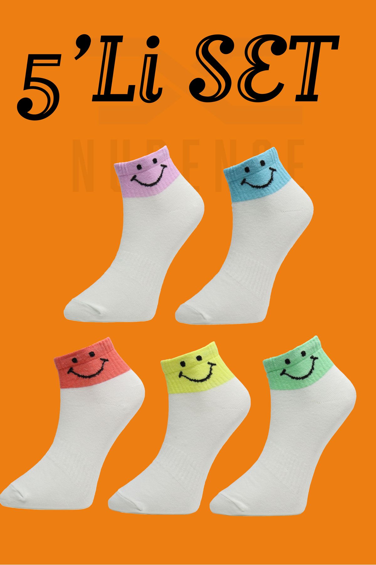 NUBENSE / Renkli Smile Tasarımlı Parfümlü Rahat Pamuk Beyaz Günlük Çorap (5'LÜ SET)