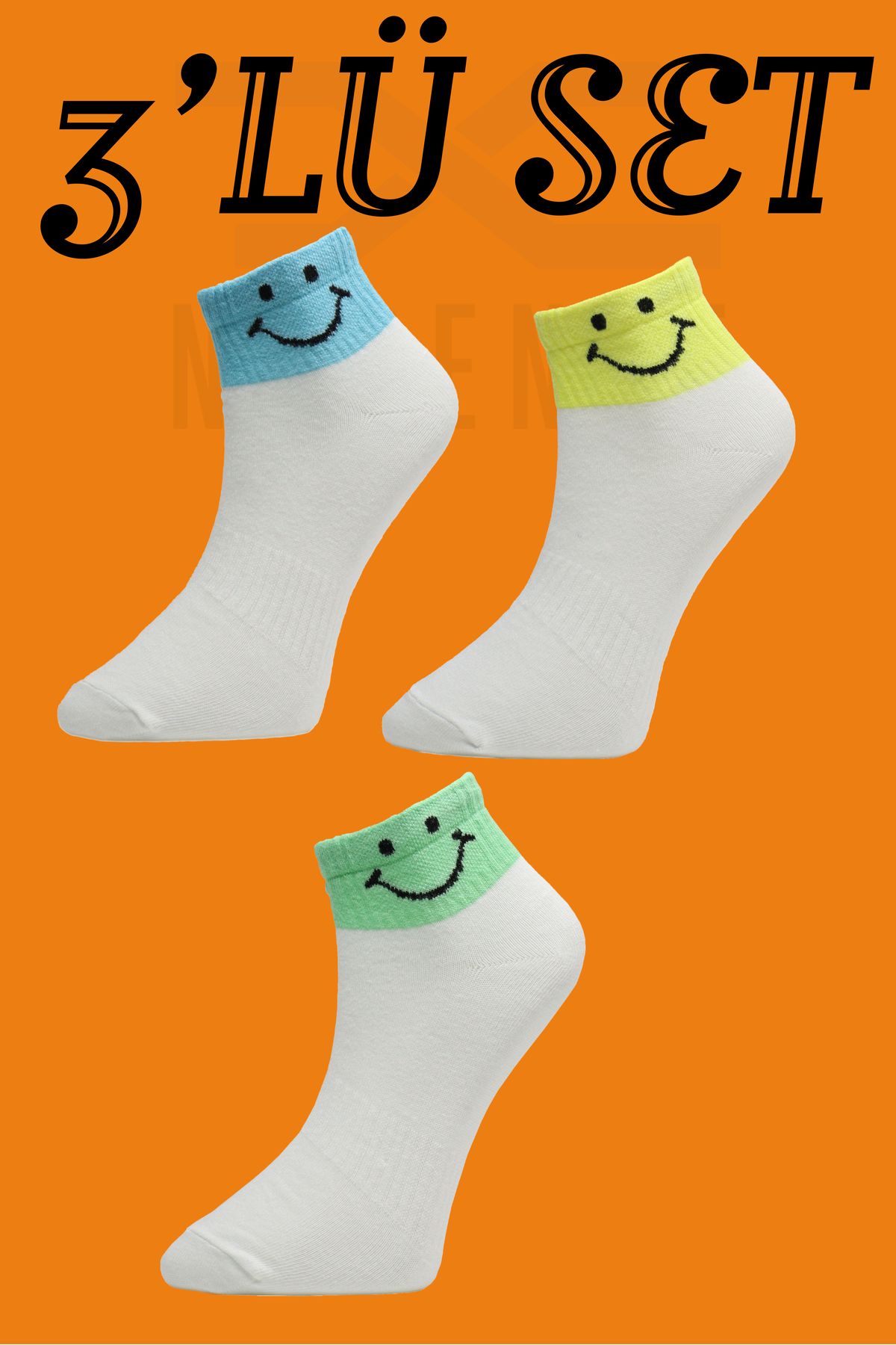 TUGSA DESING NUBENSE / Renkli Smile Tasarımlı Parfümlü Rahat Pamuk Beyaz Günlük Çorap (3'LÜ SET-7)