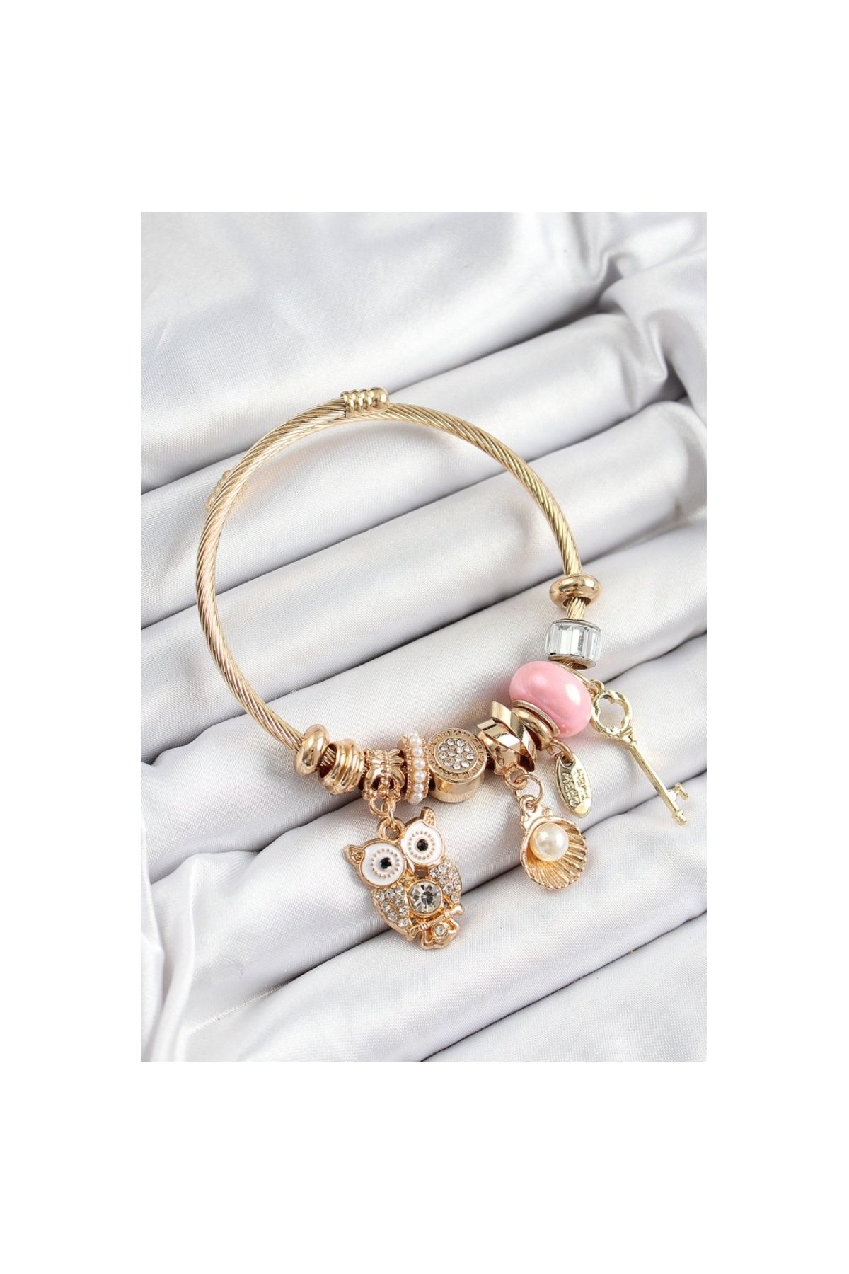 Skygo 316L Çelik Pembe Zirkon Taşlı Baykuş İstiridye Ve Anahtar Model Gold Renk Charm Bileklik - TJ-BB7290