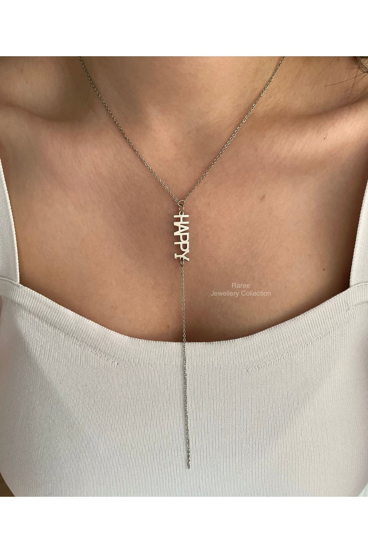 Raree Jewellery Çelik "happy" yazı detaylı y kolye dekolte kolyesi