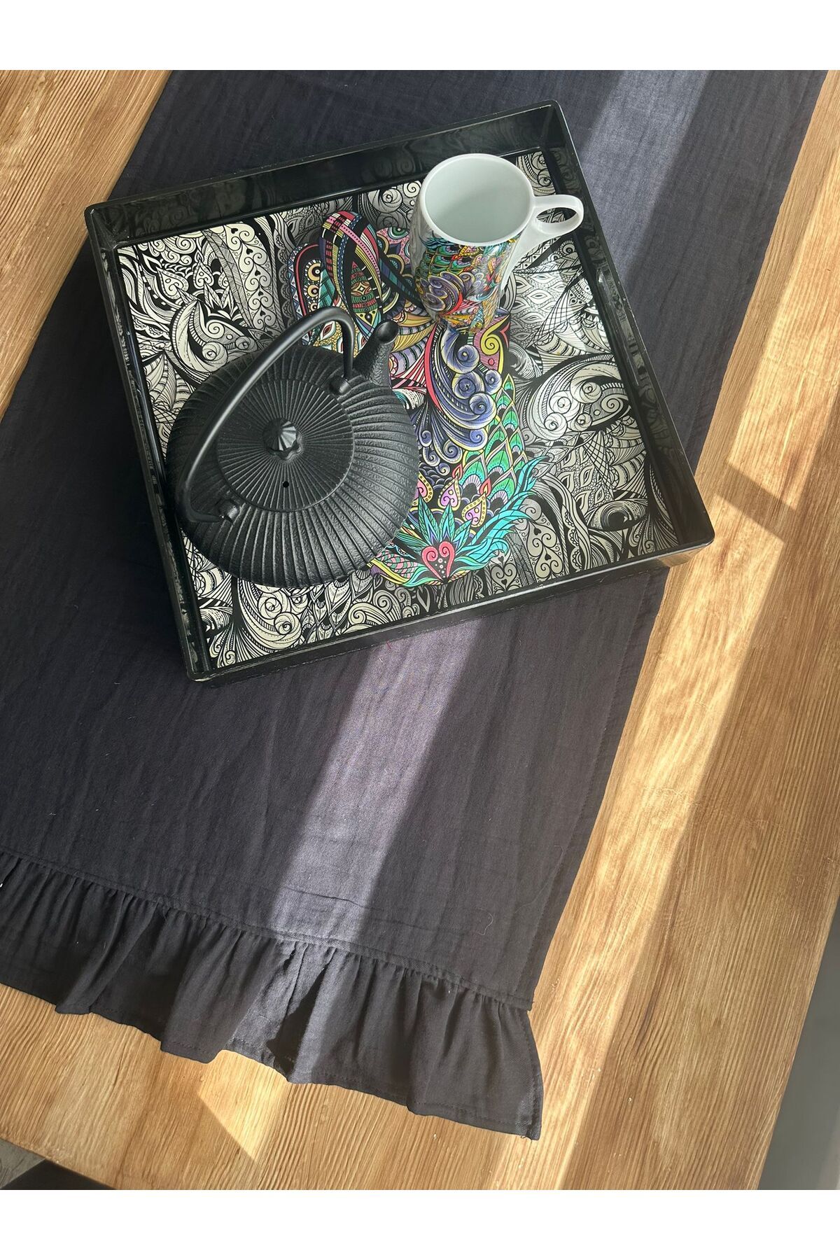 TUA HOME Müslin Runner Rustik El Yapımı – Fırfır Detaylı 145x40 cm Masa Dekoru