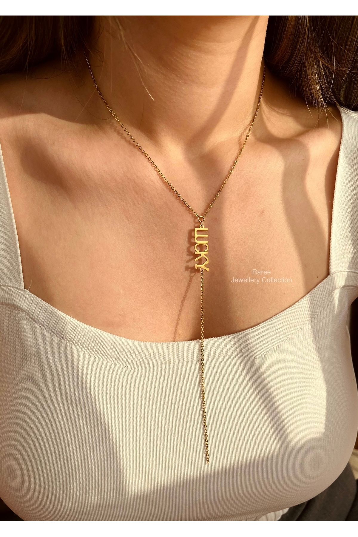 Raree Jewellery Çelik "lucky" yazı detaylı gold y kolye dekolte kolyesi
