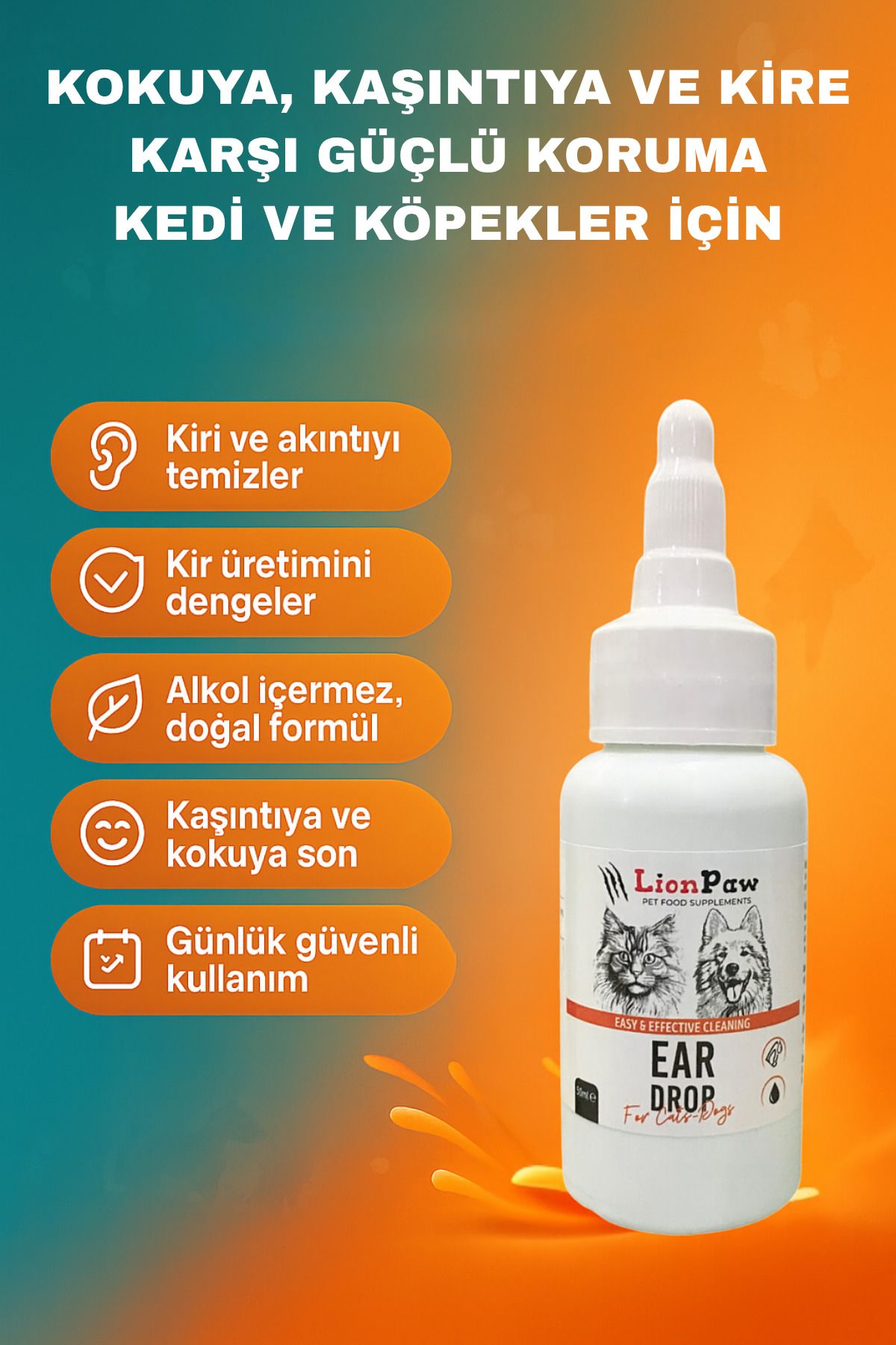 LİON PAW Kedi Köpek Kulak Temizleme Solüsyonu Kir, ,Kaşıntı, Kulak Uyuzu,Koku Önleyici Bakım 50 ML