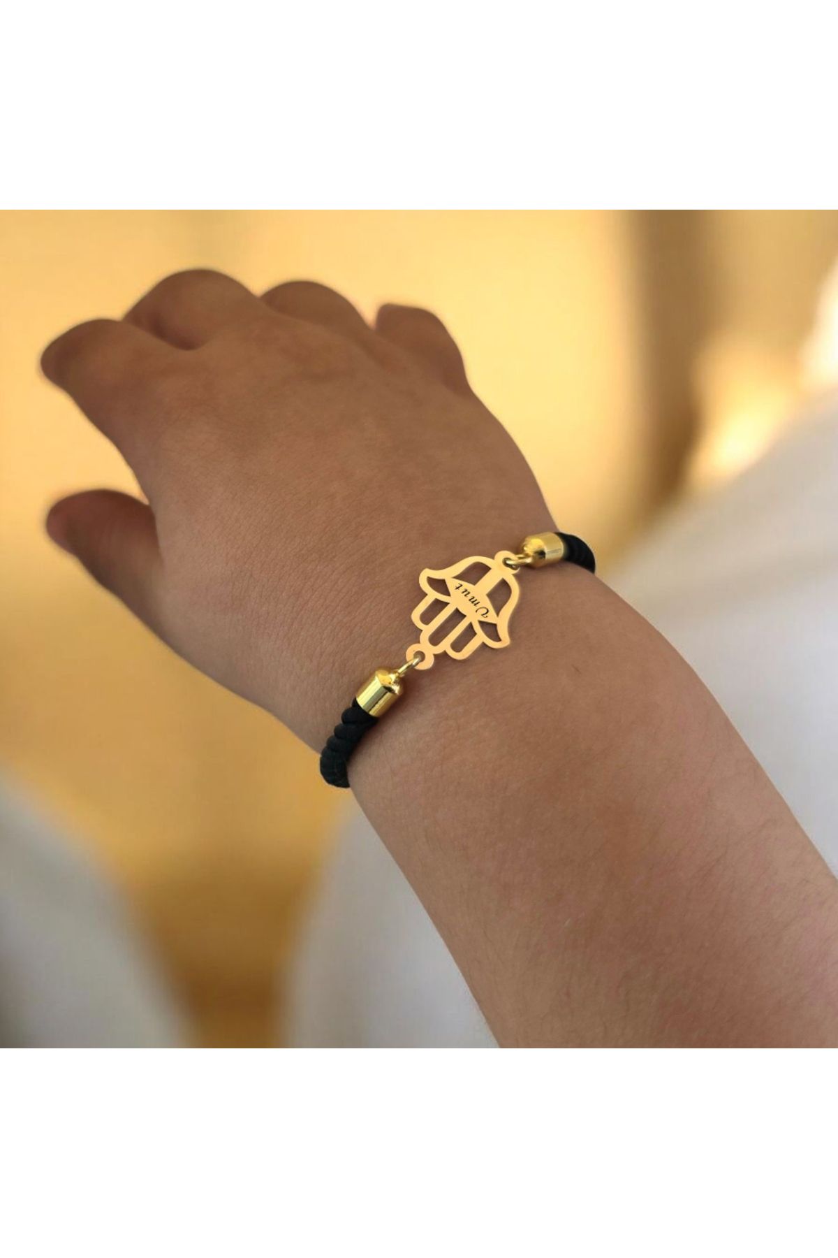 ARCHINO GOLD Umut İsmine Özel Hamsa Motifli 14 Ayar Altın Plakalı Siyah İpek Örgülü Hediye Bileklik-509isim