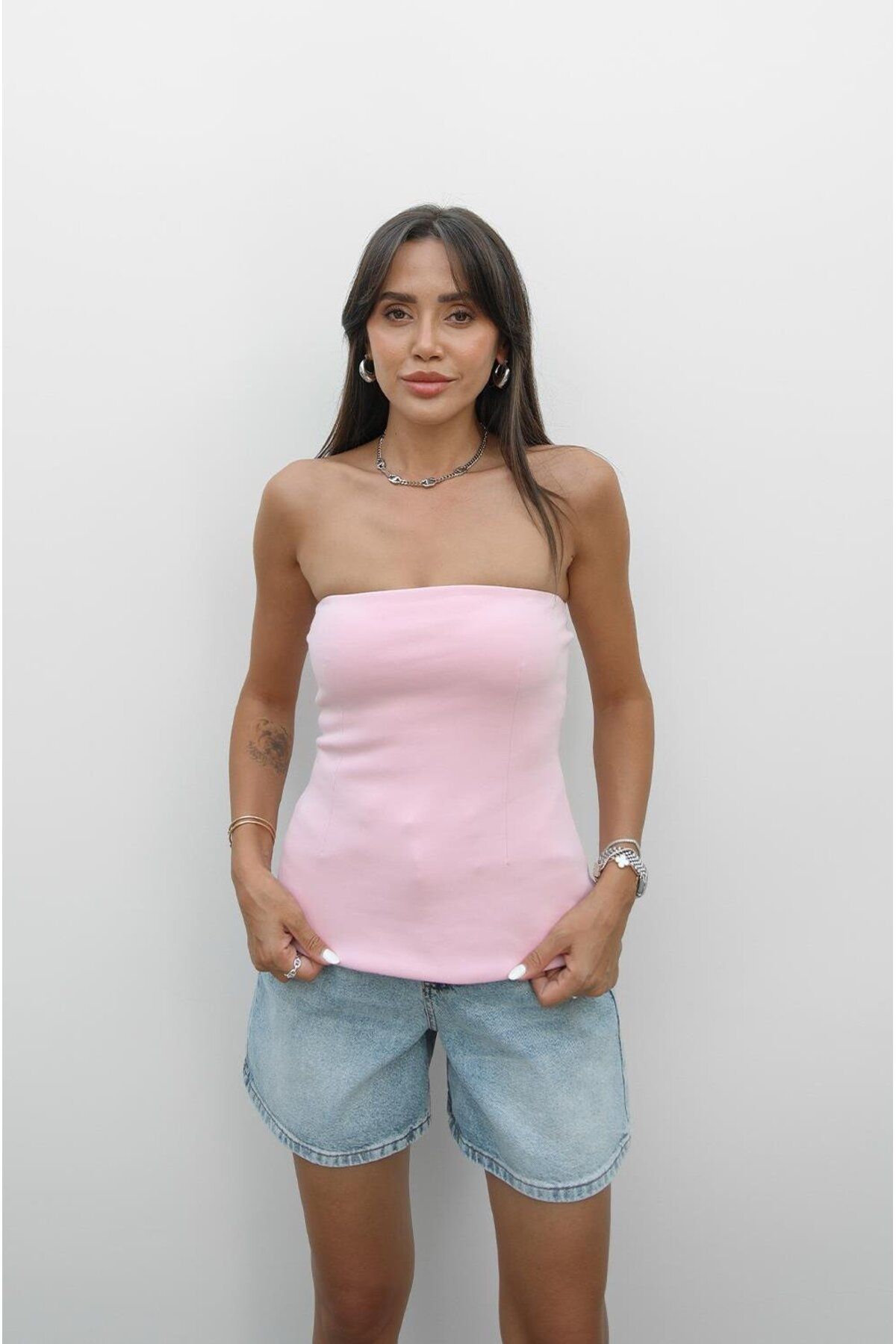 Havoş Pembe Dikiş Detaylı Straplez Bluz