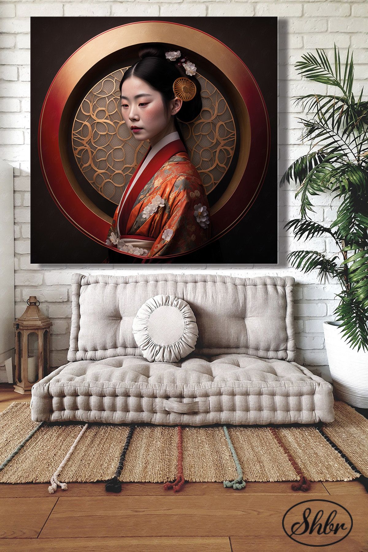 Şehber Tekli Kare Kanvas Duvar Tablosu Salon Yatak Odası Kafe Ofis Geleneksel Japon Kadın Portre