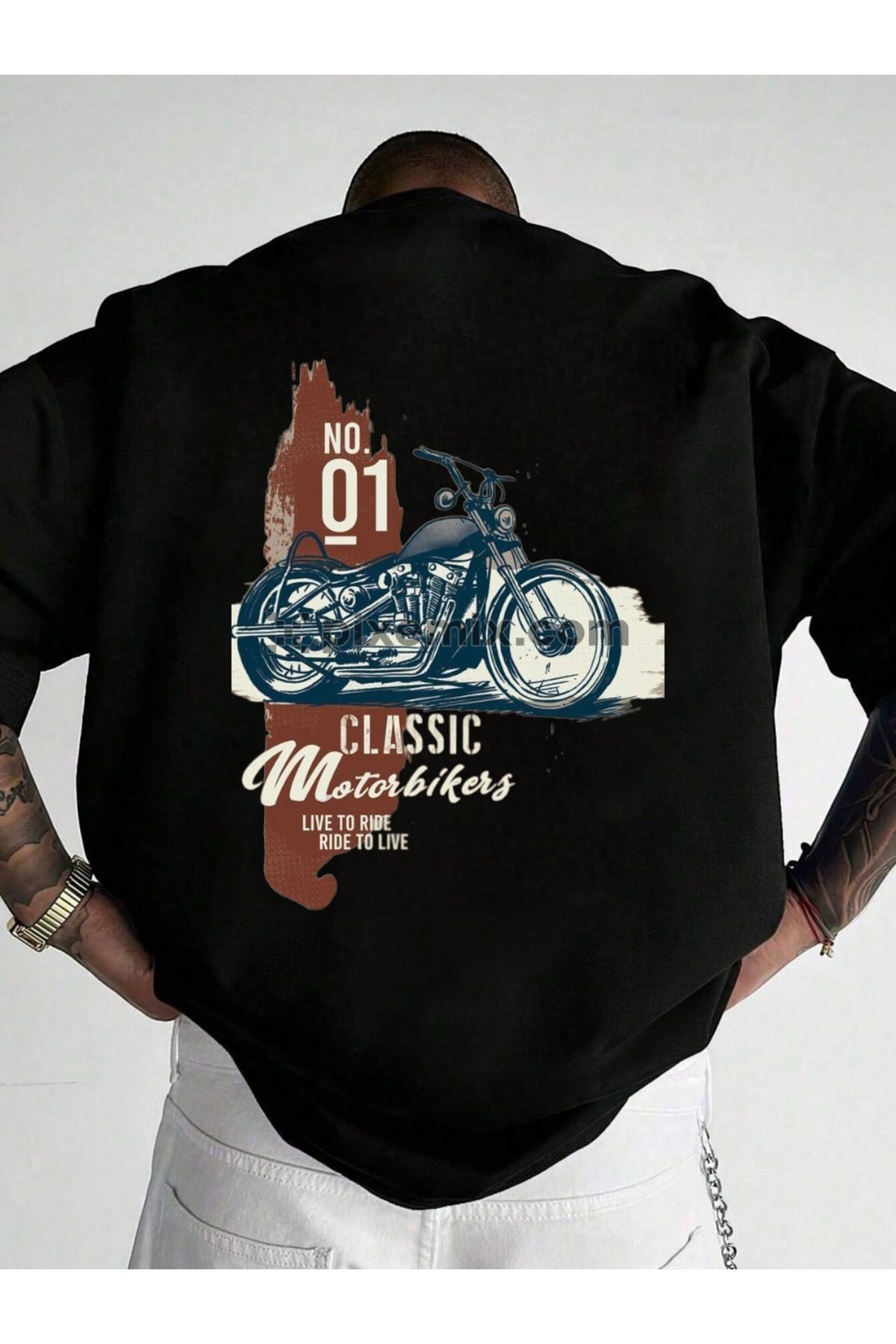 ELNOYA Unisex Pamuklu Siyah Oversize "Classic Motosiklet" Baskılı Bisiklet Yaka Rahat T-shirt