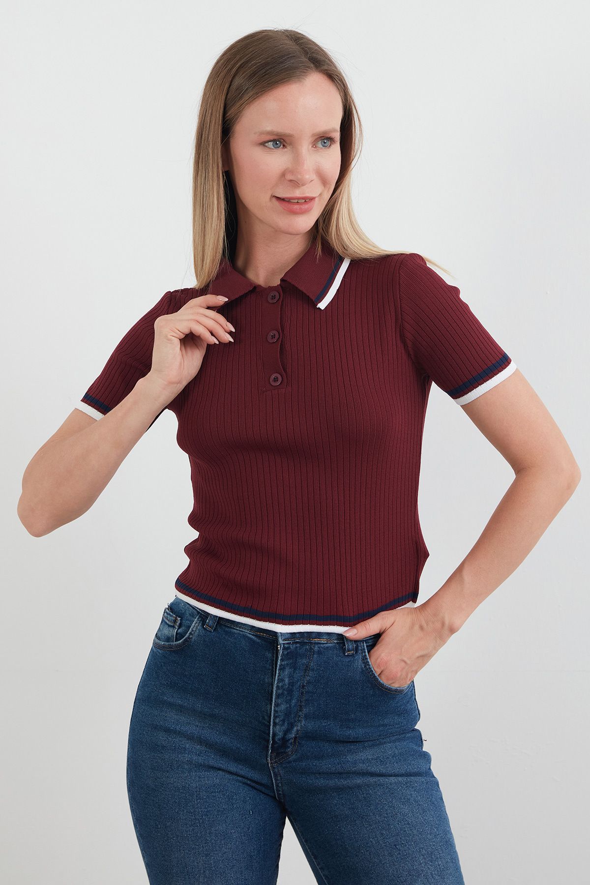 Fulla Moda Çizgili Fitilli Polo Yaka Triko Bluz