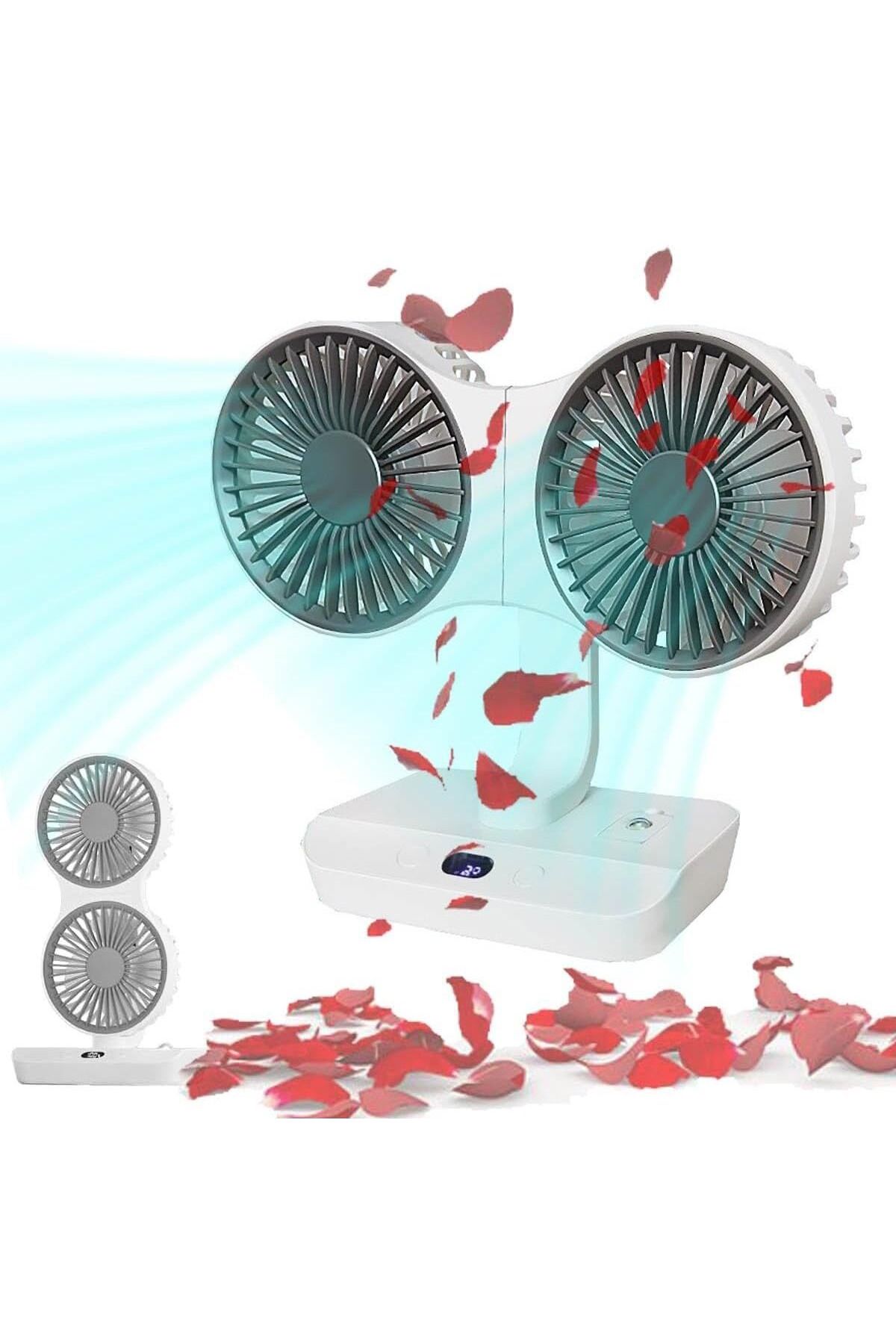Coverzone Çift Başlı Taşınabilir USB Şarjlı Fan, LED Gece Lambası ve 270° Dönebilir Baş, Ev, Ofis, Kamp CZ-01X