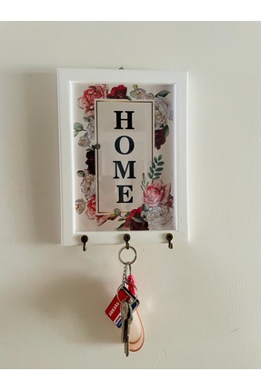 Sapphireworks Çiçek Desenli Home Yazılı Beyaz Ahşap Çerçeveli Anahtarlık – 3 ...