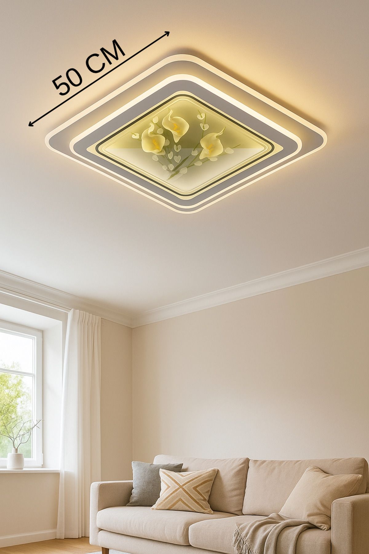 AILEEN 50 CM LED Tavan Lambası Çiçek Desenli Kare Avize - Modern Salon ve Oturma Odası Aydınlatması