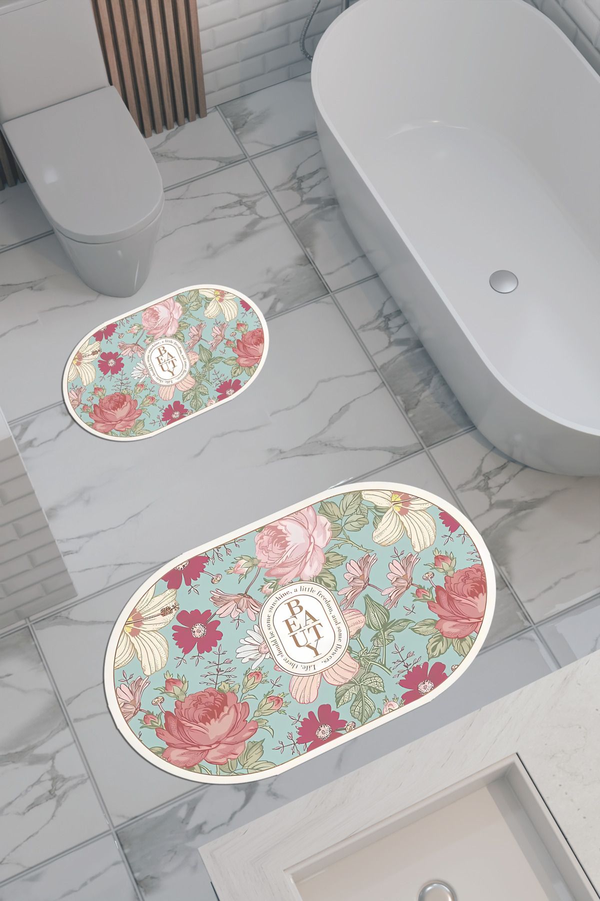 THEMODERNHANE Beauty Desenli Eko Banyo Paspası, Kaymaz Taban, Makinada Yıkanabilir, Dijital Baskı 2'li Set