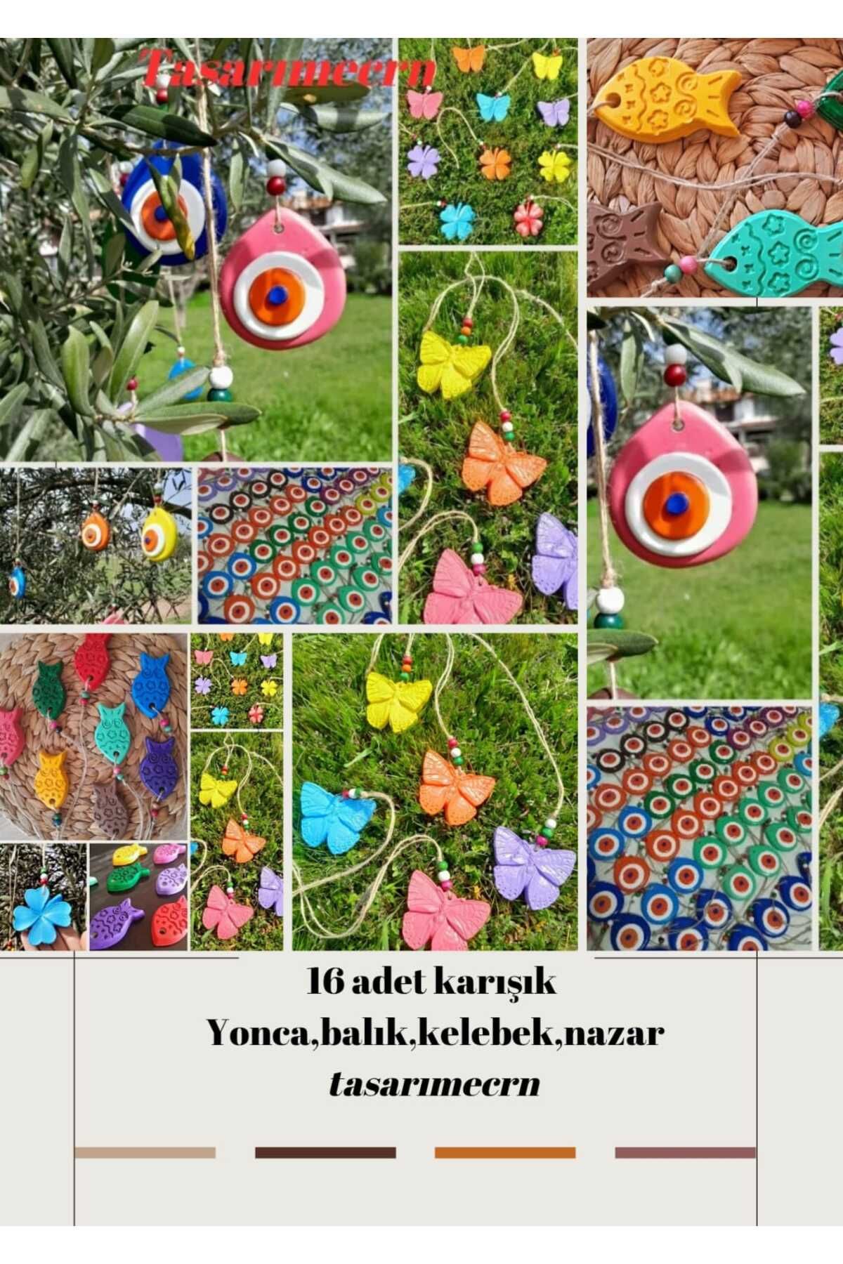 TASARİMECRN 16 Adet El yapımı Asmalı Nazar Boncuğu, Kelebek, Yonca, Balık Balkon Bahçe Ağaç Süsü duvar süsü