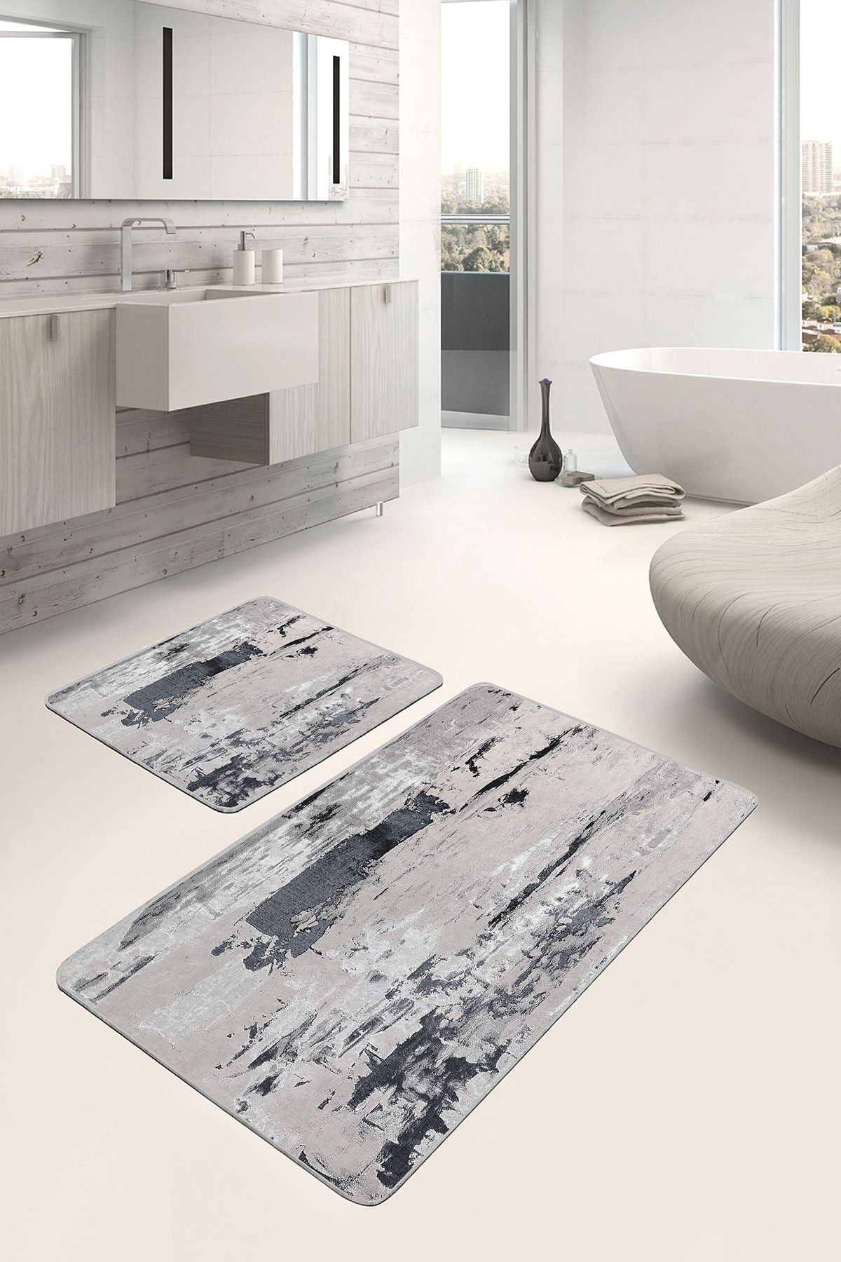 Realhomes Bej - Siyah Zeminde Eskitme Motifli Duvar Eskitme Motifli Vintage 2'li Banyo & Mutfak Paspas Takımı