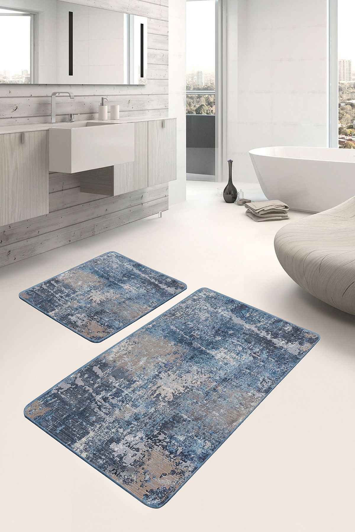 Realhomes Krem - Mavi Zeminde Eskitme Motifli Retro Eskitme Motifli Modern 2'li Banyo & Mutfak Paspas Takımı