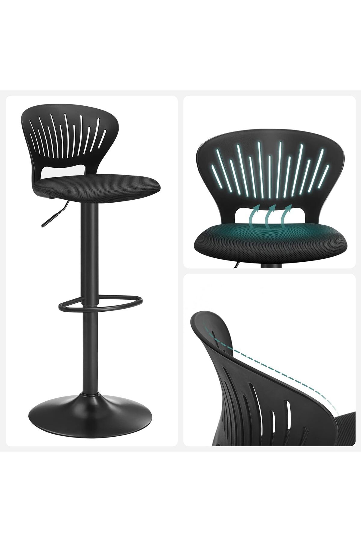 SONGMICS-Set 2 scaune de bar captusite, reglabile, cu spatar , rotatie la 360, 39x42x107cm, negru 4