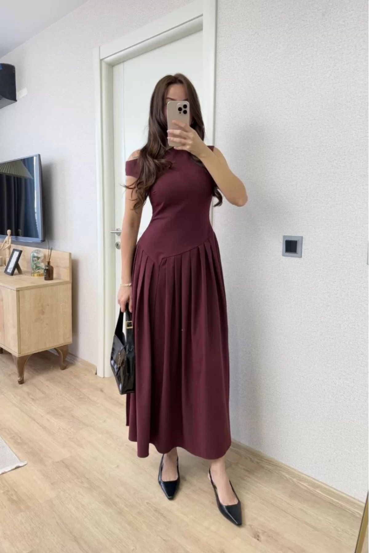 ruum fashions Asimetrik düşük yaka Kolsuz Uzun Elbise