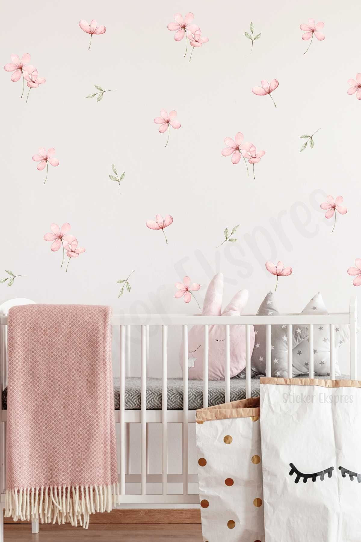 Sticker Ekspres Pembe Bahar Çiçekleri Ve Yapraklar Çiçek Çocuk Odası Duvar Sticker Seti