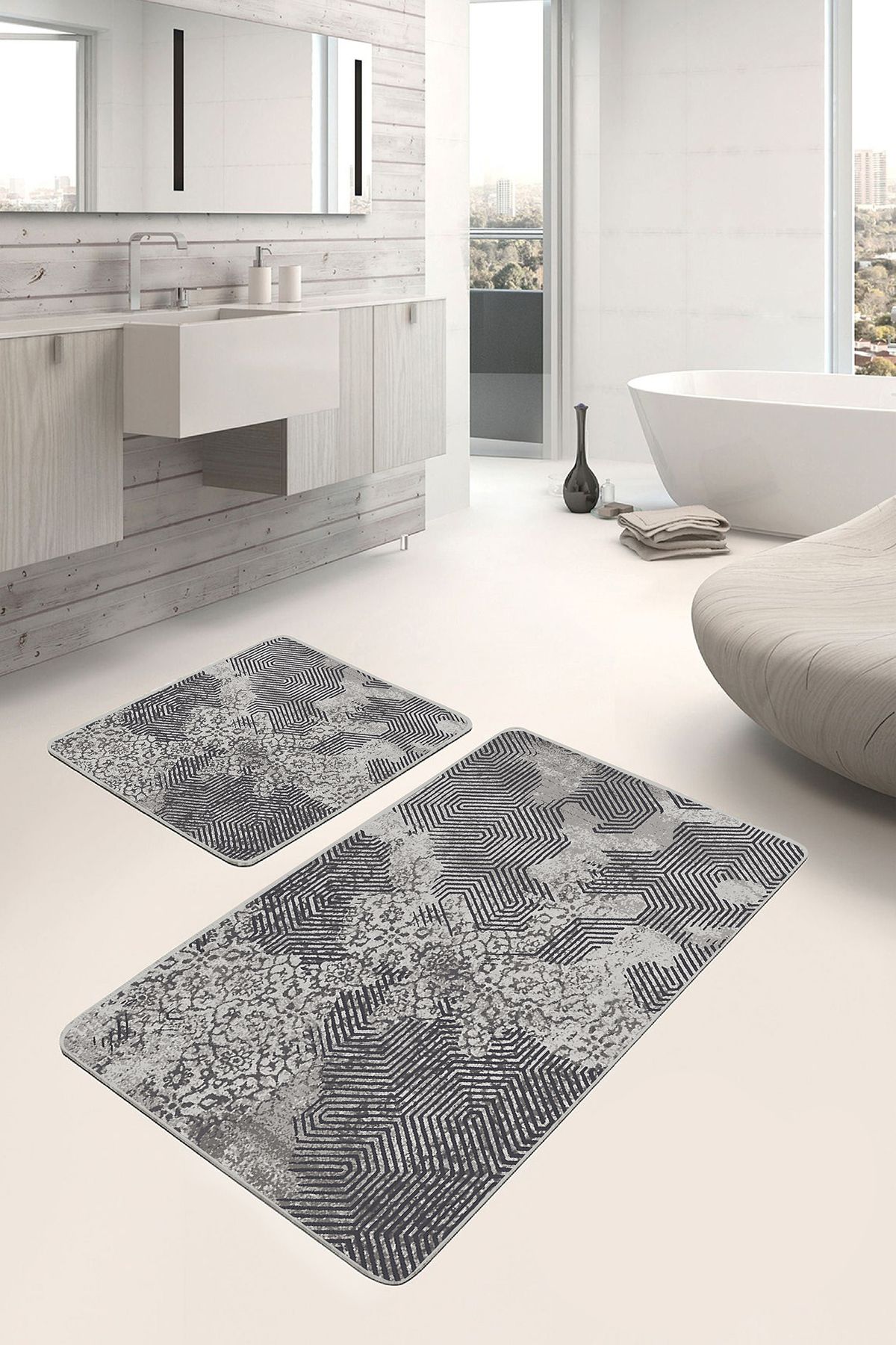 Realhomes Gri Zeminde Eskitme Motifli Geometrik Desenli Vintage Geometrik 2'li Banyo & Mutfak Paspas Takımı
