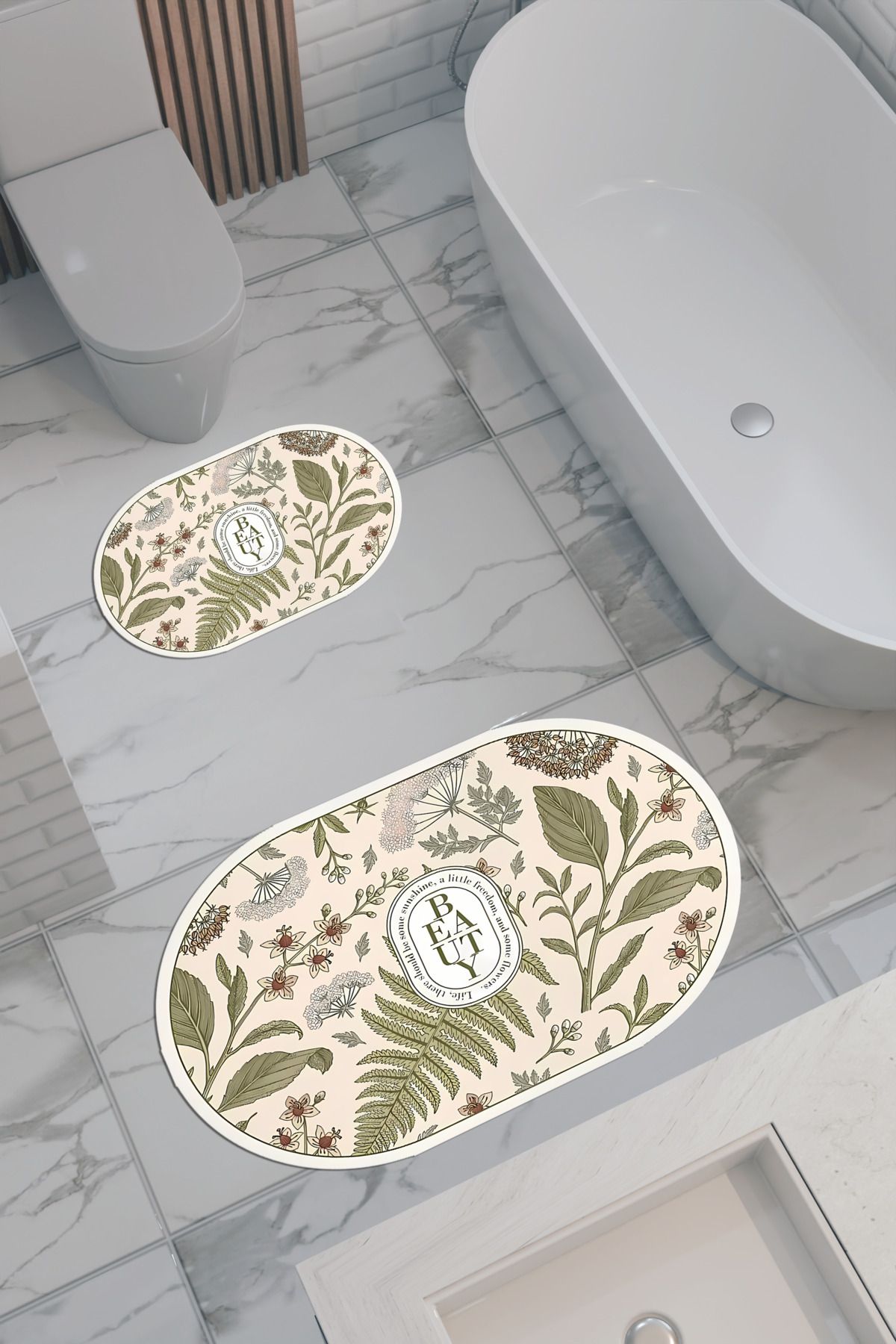 THEMODERNHANE Beauty Desenli Eko Banyo Paspası, Kaymaz Taban, Makinada Yıkanabilir, Dijital Baskı 2'li Set