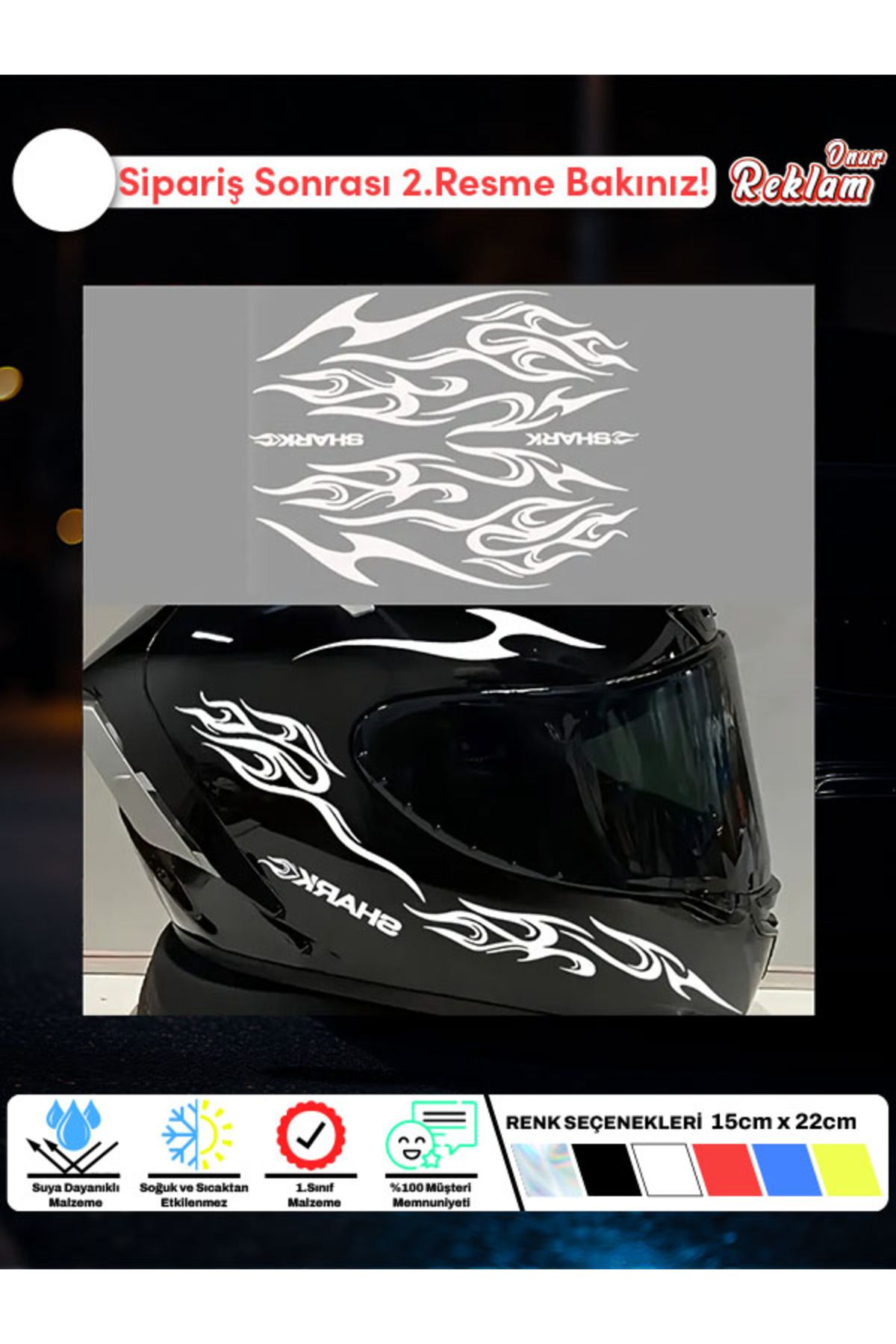 Onur Reklam Alev Desenli Kask Sticker Seti – 6 Parça (SHARK Yazılı, Suya Dayanıklı)