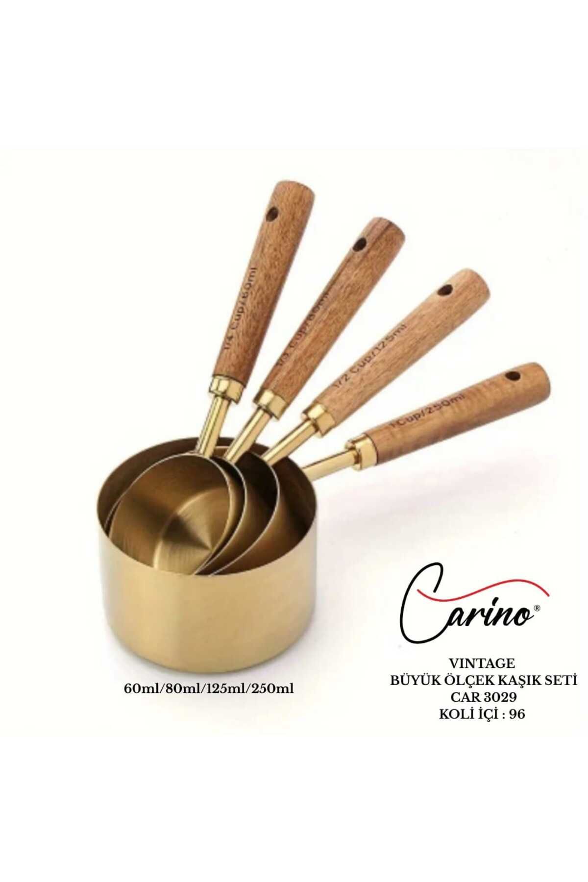 Carino 4 Adet Gold Paslanmaz Çelik Ahşap Saplı Ölçü Kaşığı Seti Ölçü Kabı 60ml/80ml/125ml/250ml