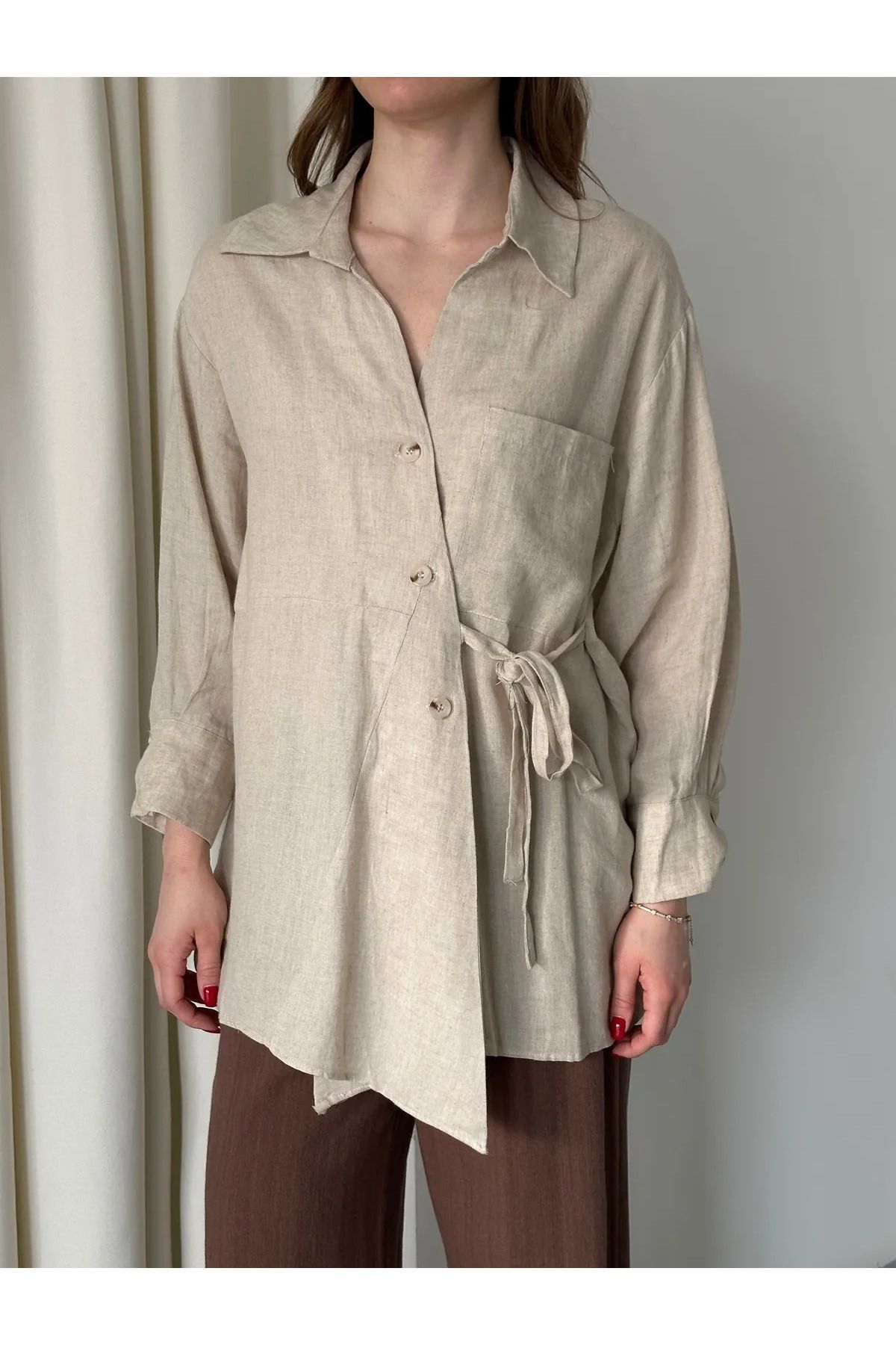 My Blog Natural Çapraz Düğmeli Beli Kemerli Gömlek - 5258