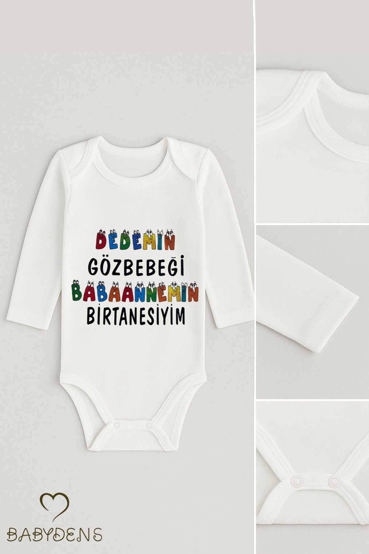 BABYDEN'S “Dedemin Gözbebeği Babaannemin Birtanesi” Yazılı Uzun Kollu Bebek Zıbın Body %100 Pamuk 0-24 Ay