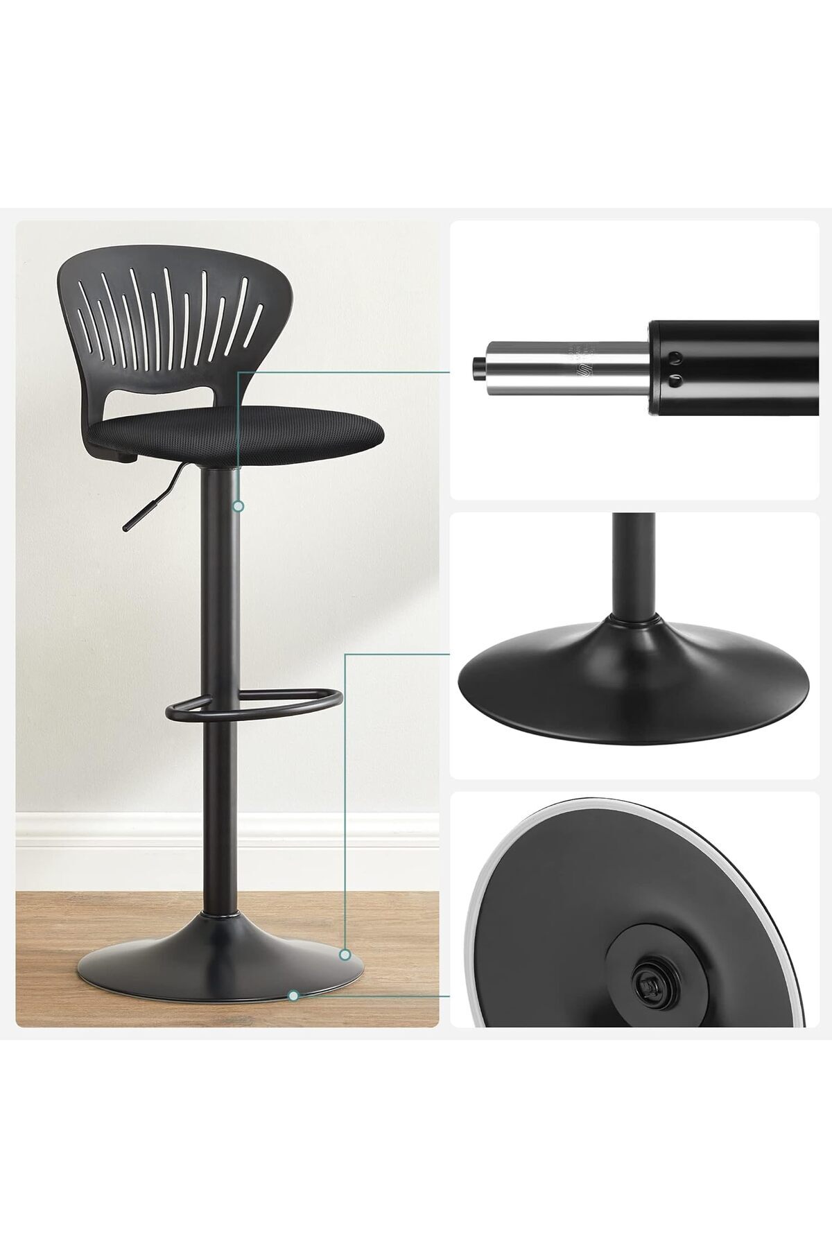 SONGMICS-Set 2 scaune de bar captusite, reglabile, cu spatar , rotatie la 360, 39x42x107cm, negru 6