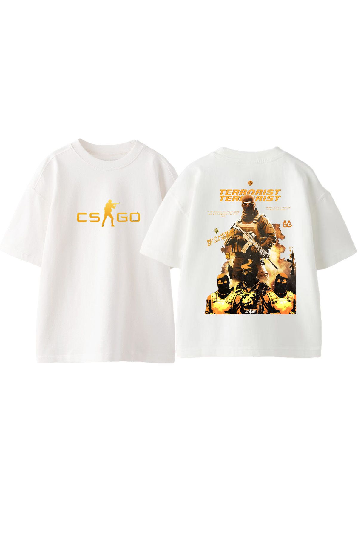 Anetos CsGo T Ön Arka Baskılı Pamuk Beyaz Oversize T shirt