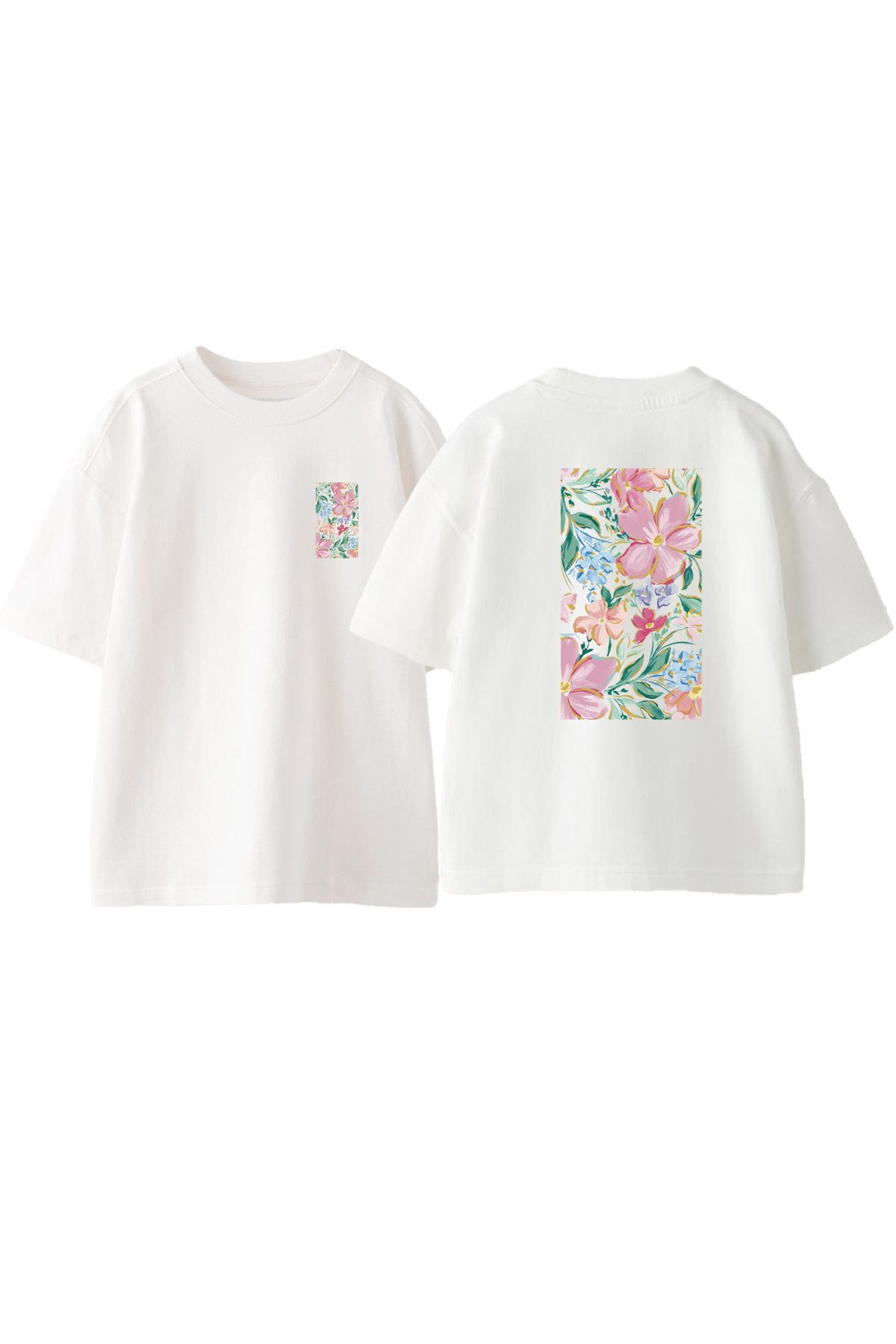Anetos Suluboya Cicek Ön Arka Baskılı Pamuk Beyaz Oversize T shirt