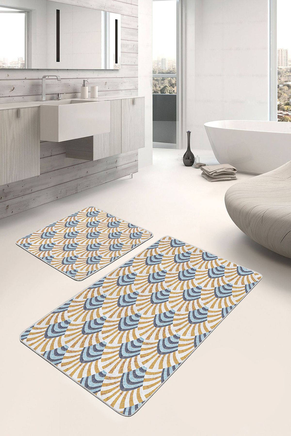Realhomes Hardal - Mavi Zeminde Patchwork Motifli Kilim Geometrik Sade & Şık 2'li Banyo & Mutfak Paspas Takımı