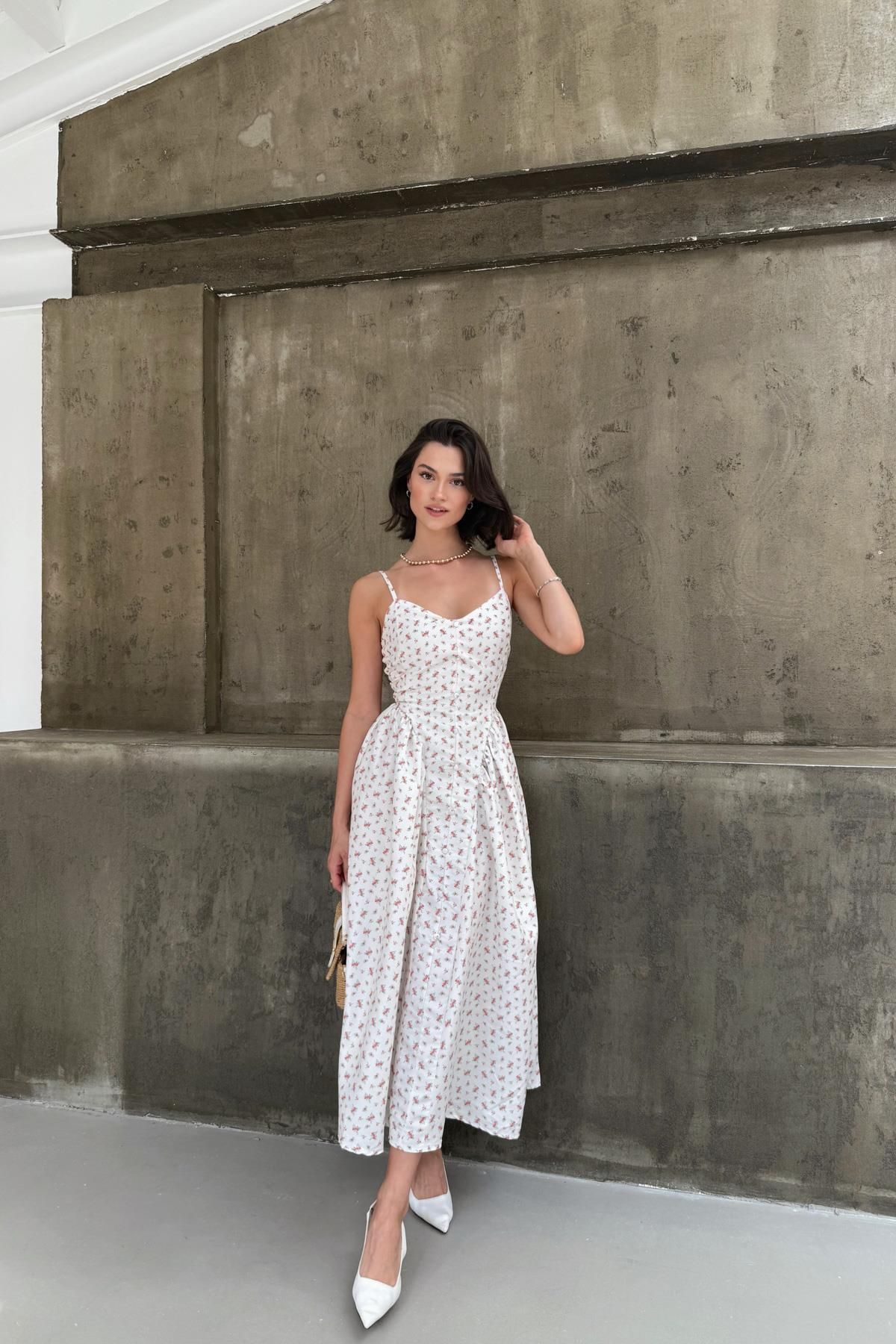mylove Çiçek Desenli Midi Elbise Krem