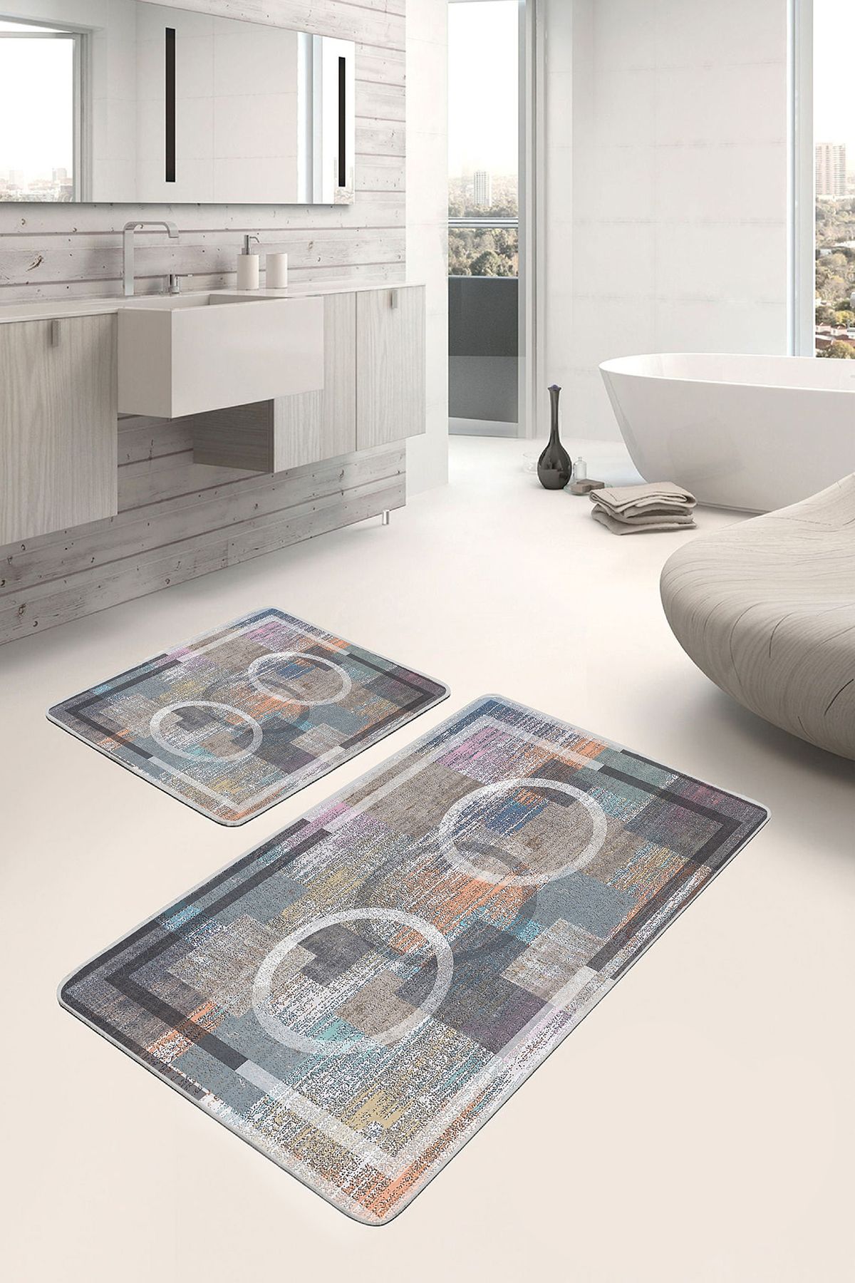 Realhomes 2'li Set Antika Zeminde Eskitme Motifli Geometrik Geometrik Sade & Şık 2'li Banyo Paspas Takımı