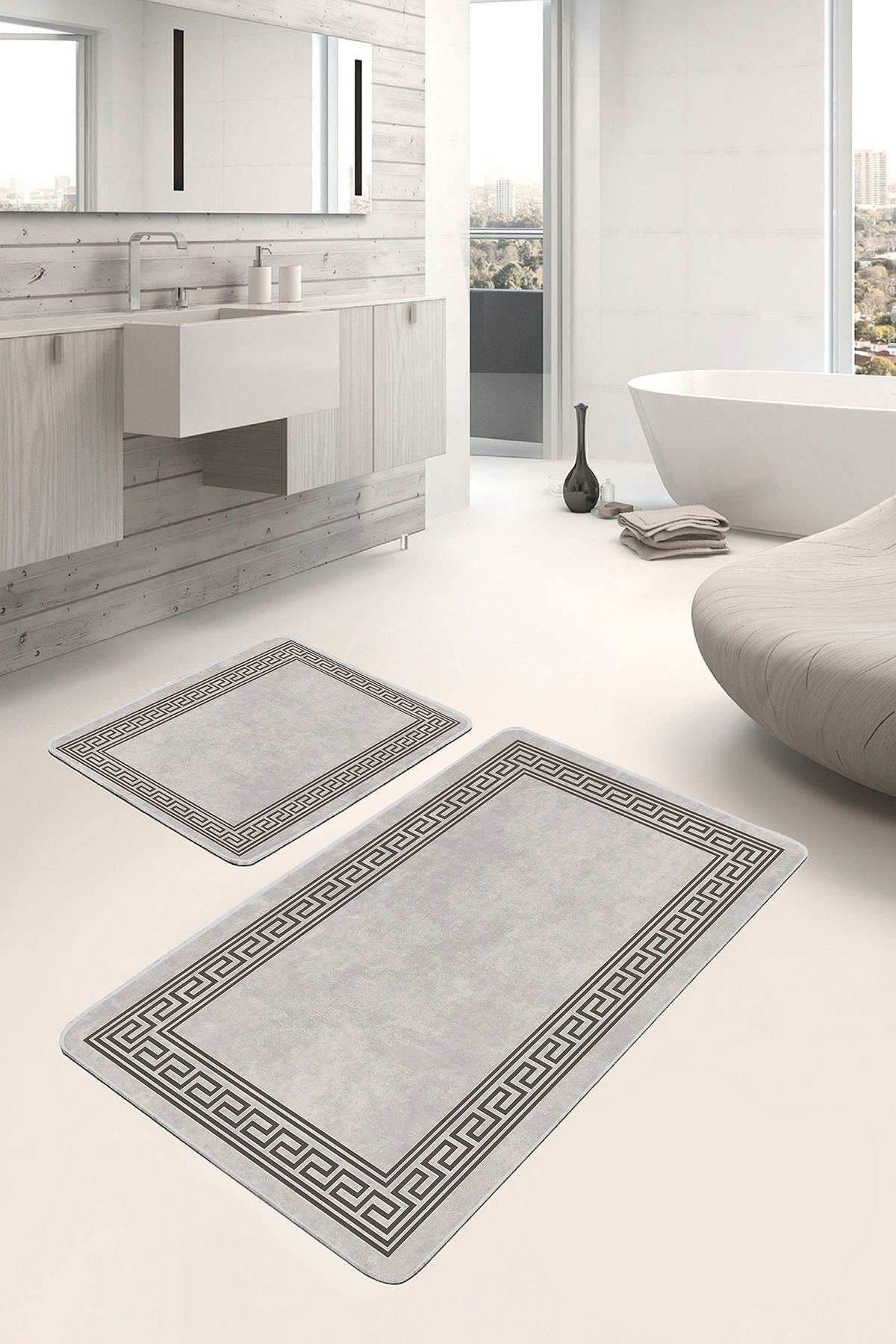 Realhomes Kahverengi - Bej Zeminde Çerçeveli Motifli Kilim Avangarde Geometrik 2'li Banyo Mutfak Paspas Takımı