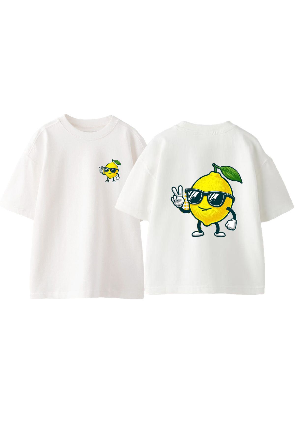 Anetos Havalı Limon Ön Arka Baskılı Pamuk Beyaz Oversize T shirt