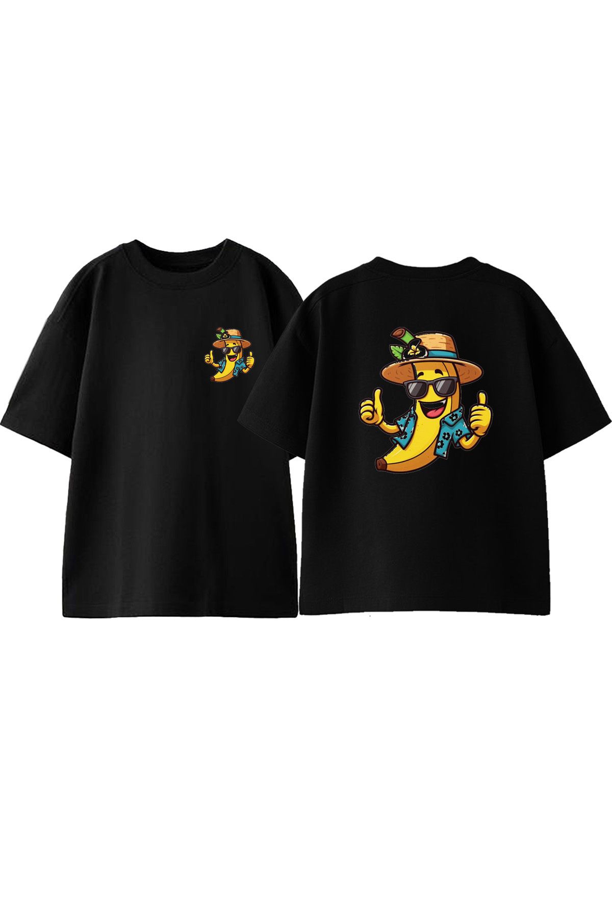Anetos Tatil Muzu Ön Arka Baskılı Pamuk Siyah Oversize T shirt